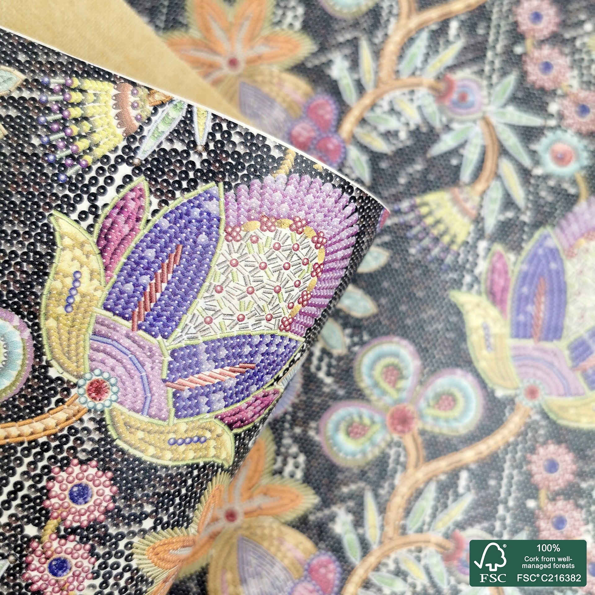 Flowers printed pattern on white cork fabric (423)