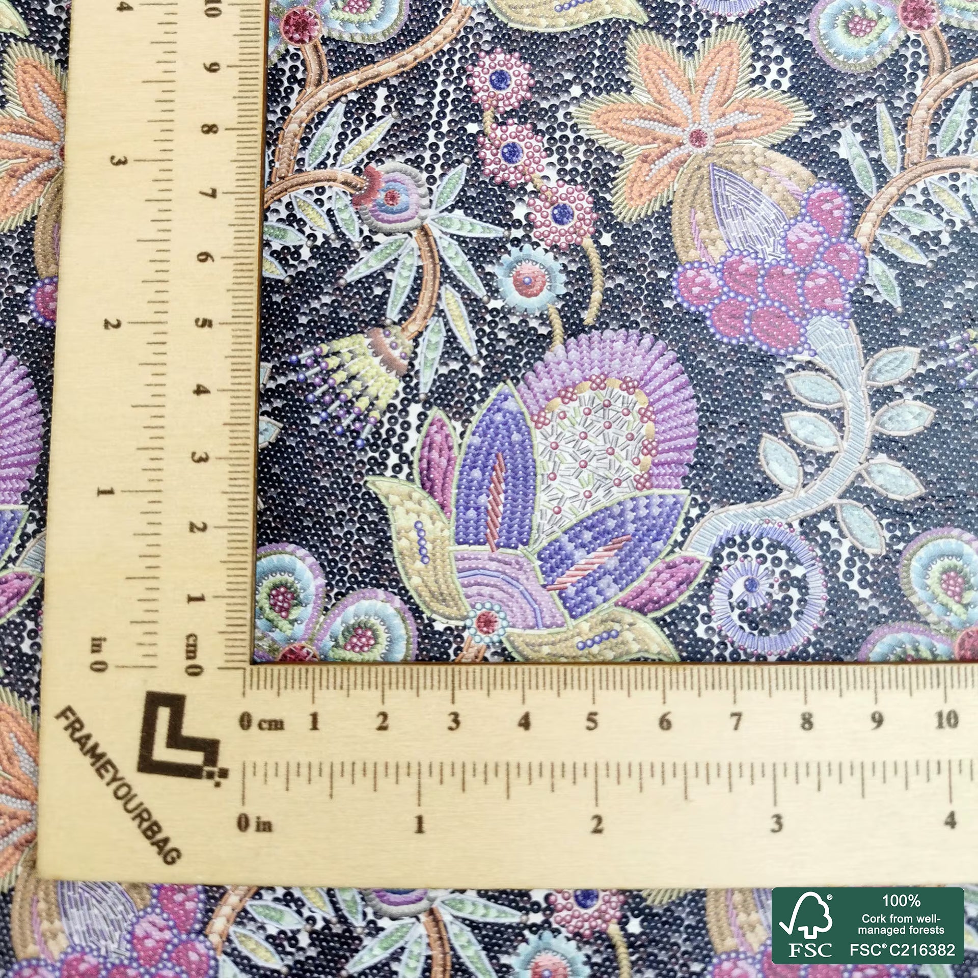 Flowers printed pattern on white cork fabric (423)