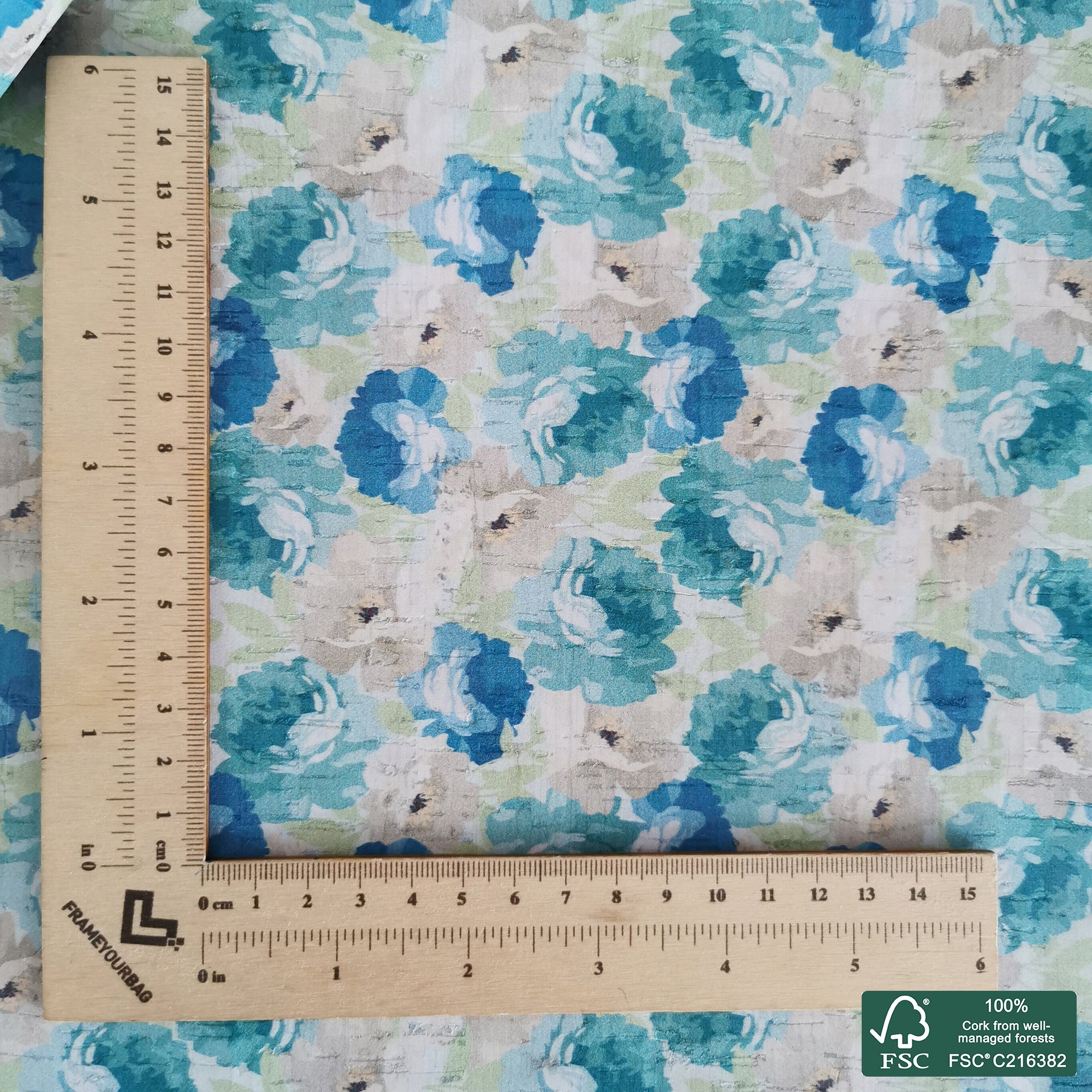Green and blue flowers printed pattern on white cork fabric (476)