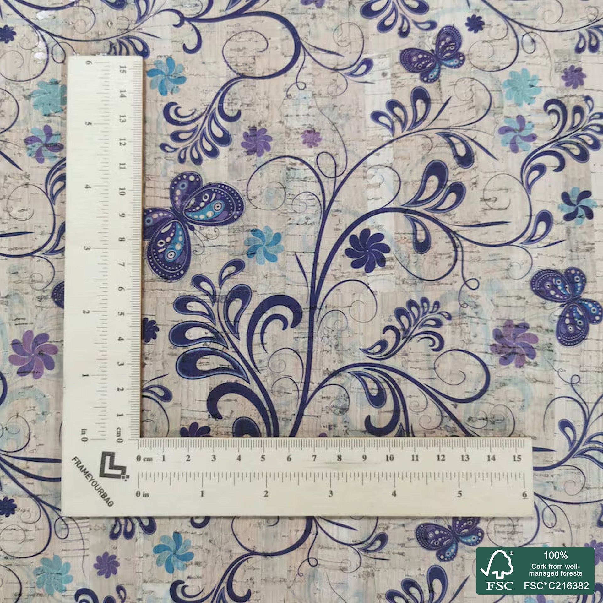 Flowers printed pattern on natural cork fabric (546)