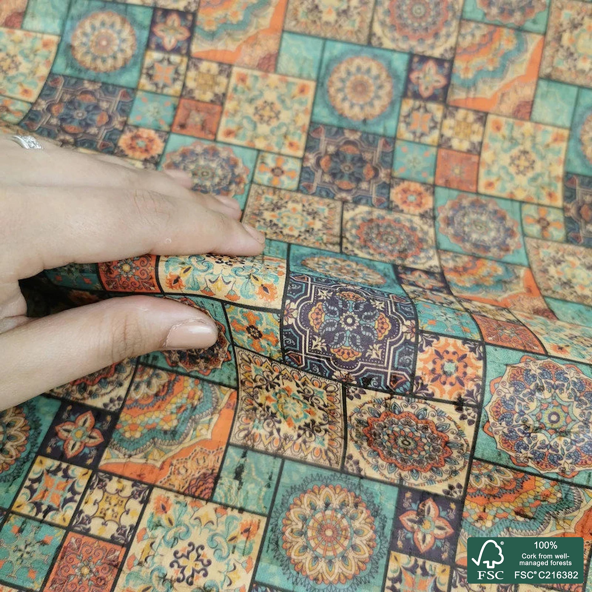 Tiles printed pattern on natural cork fabric (80)