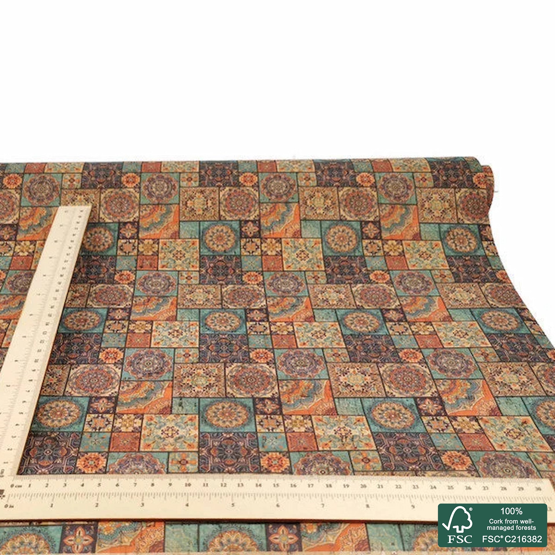 Tiles printed pattern on natural cork fabric (80)