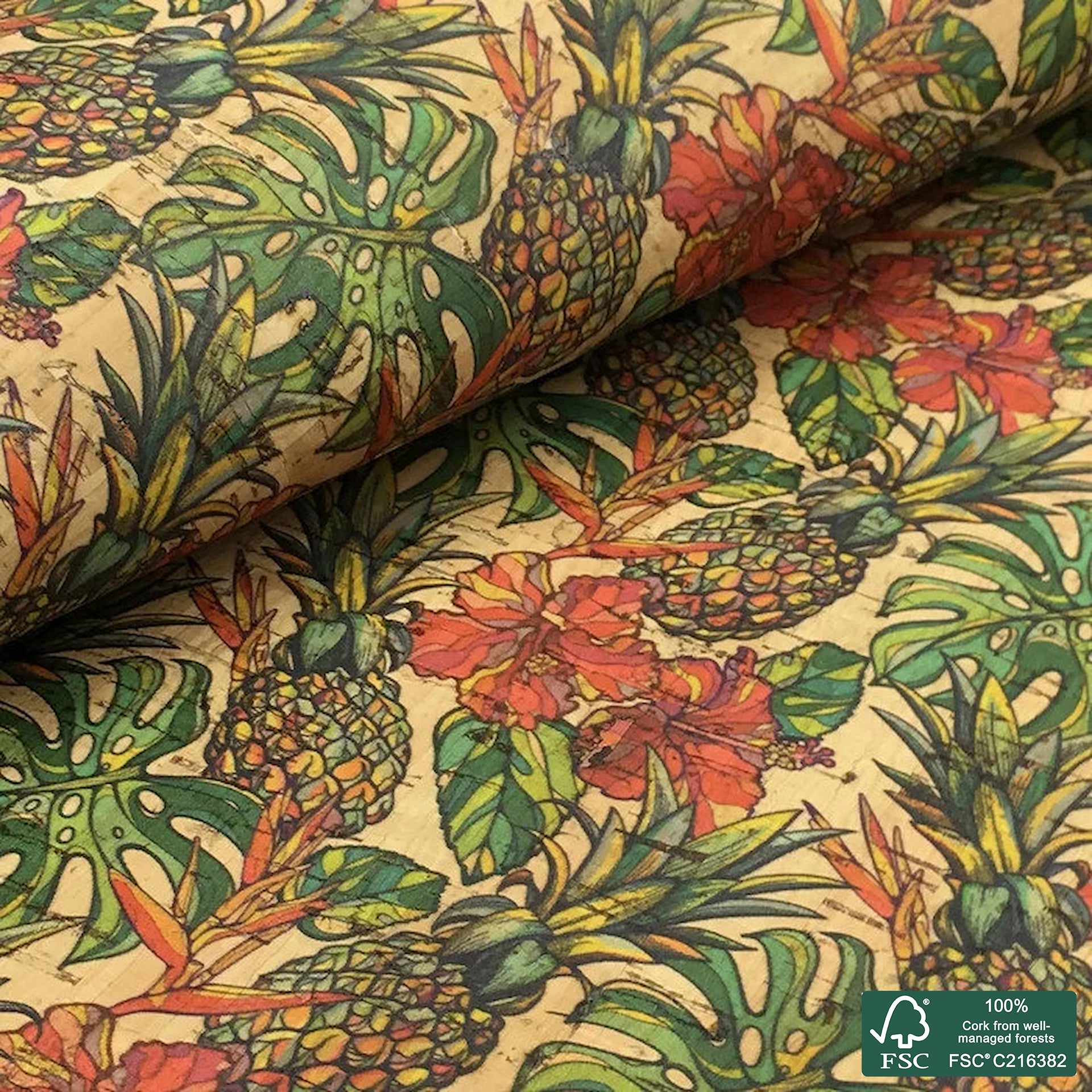 Pineapples printed pattern on natural cork fabric (107)