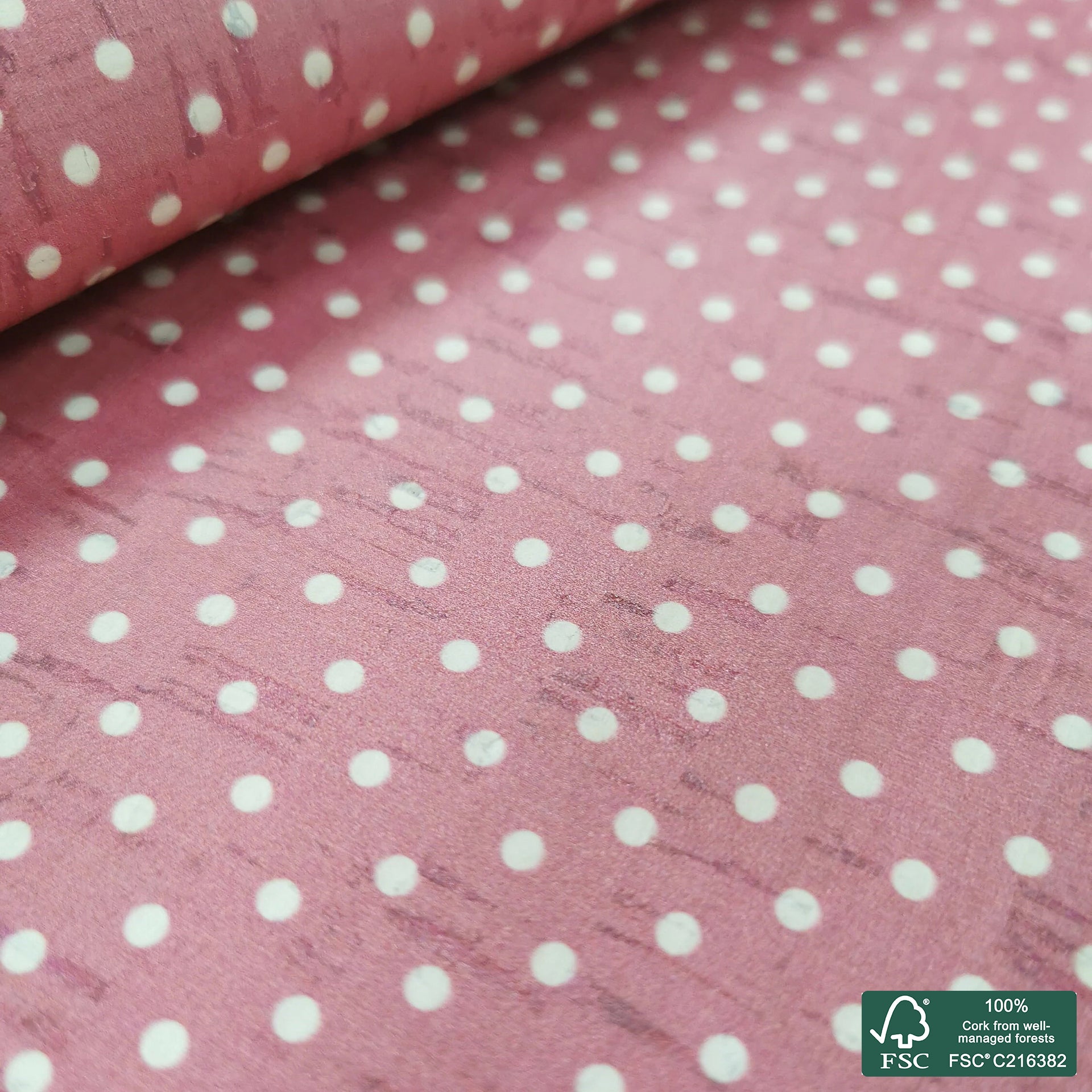 Dots printed pattern on white cork fabric (128)
