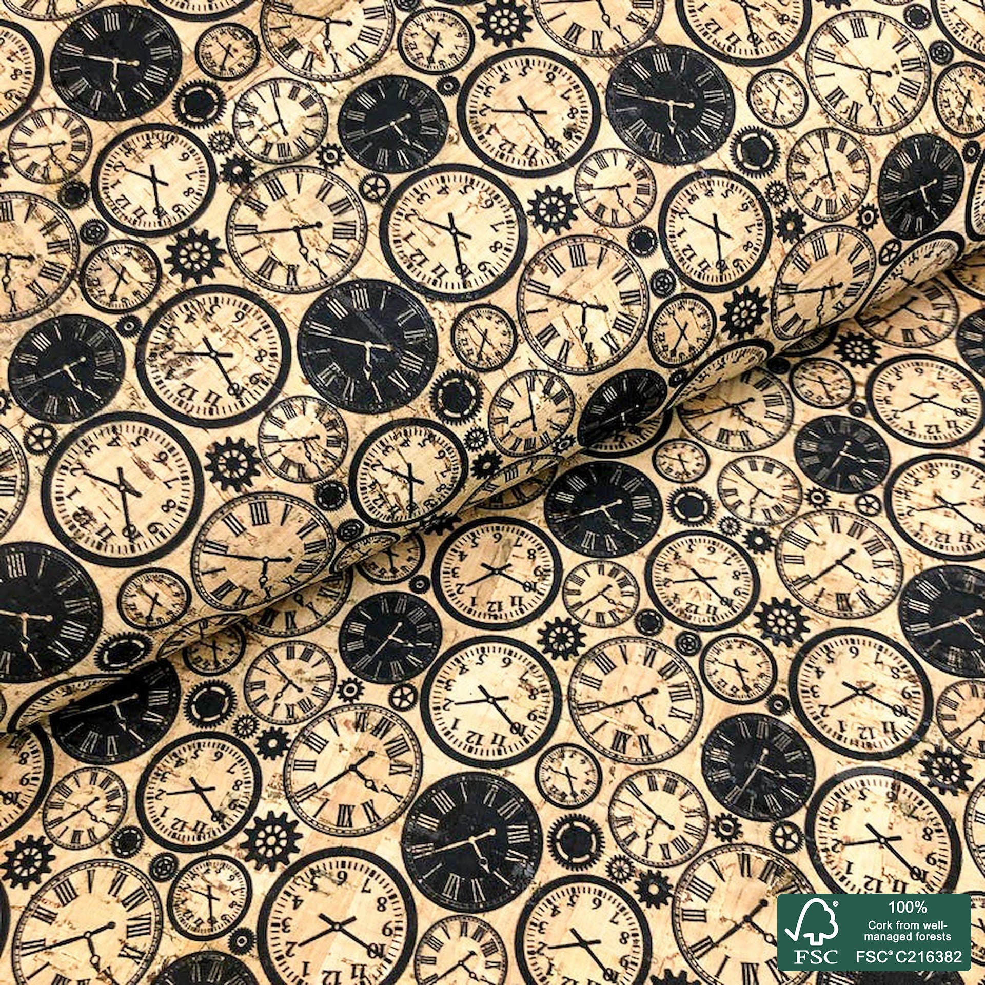 Clocks printed pattern on natural cork fabric (134)