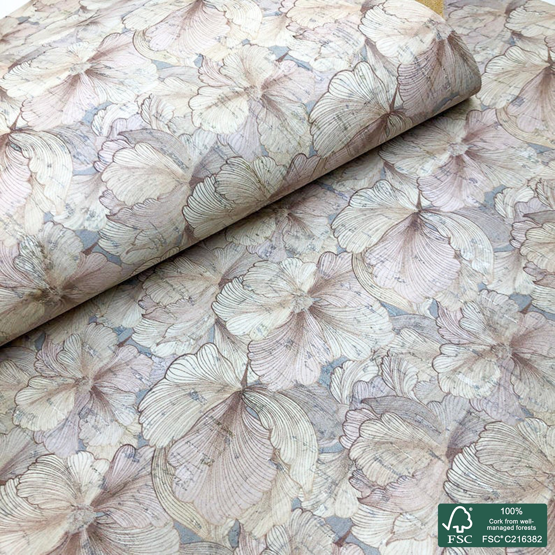 Flowers printed pattern on white cork fabric (150)