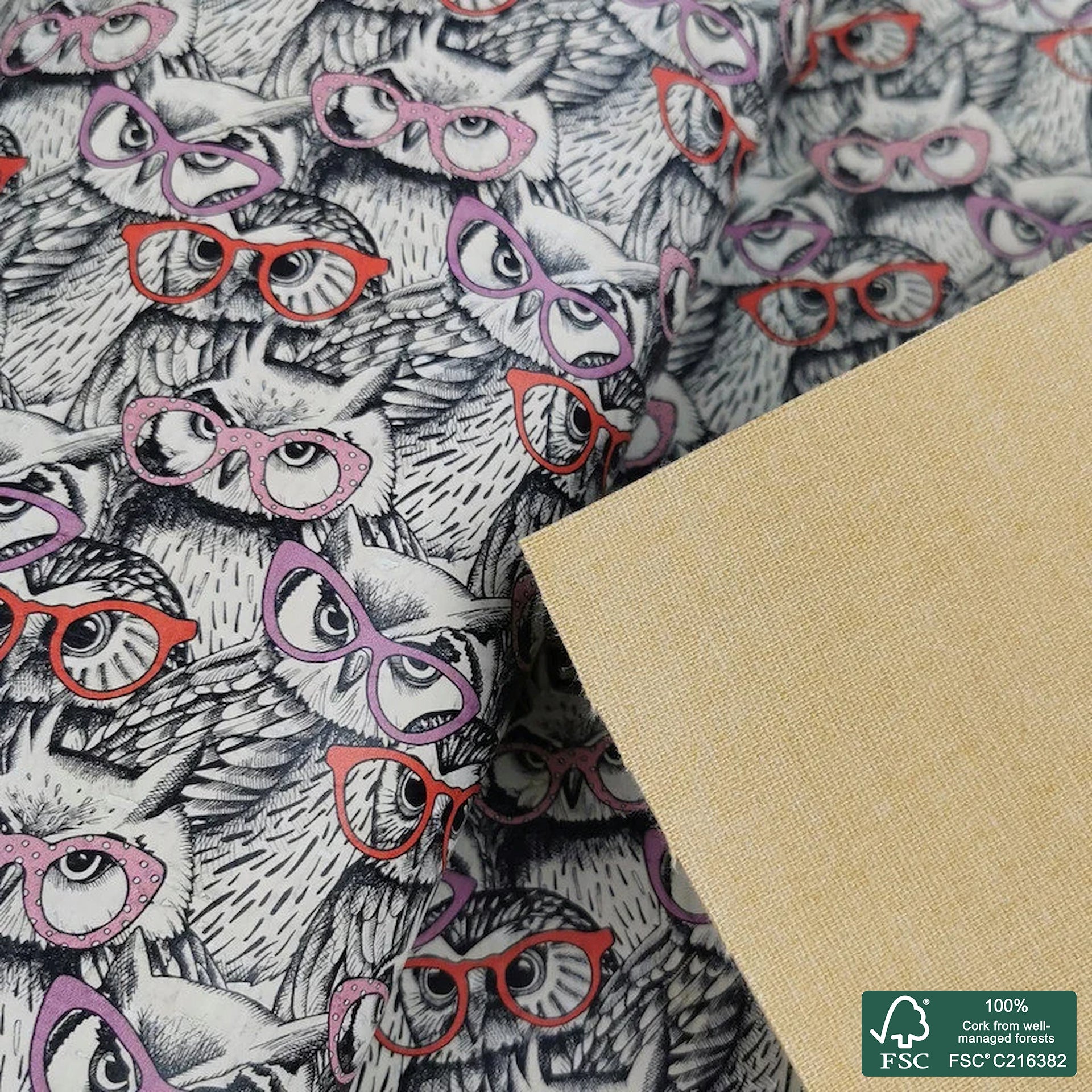 Owl printed pattern on white cork fabric (233)