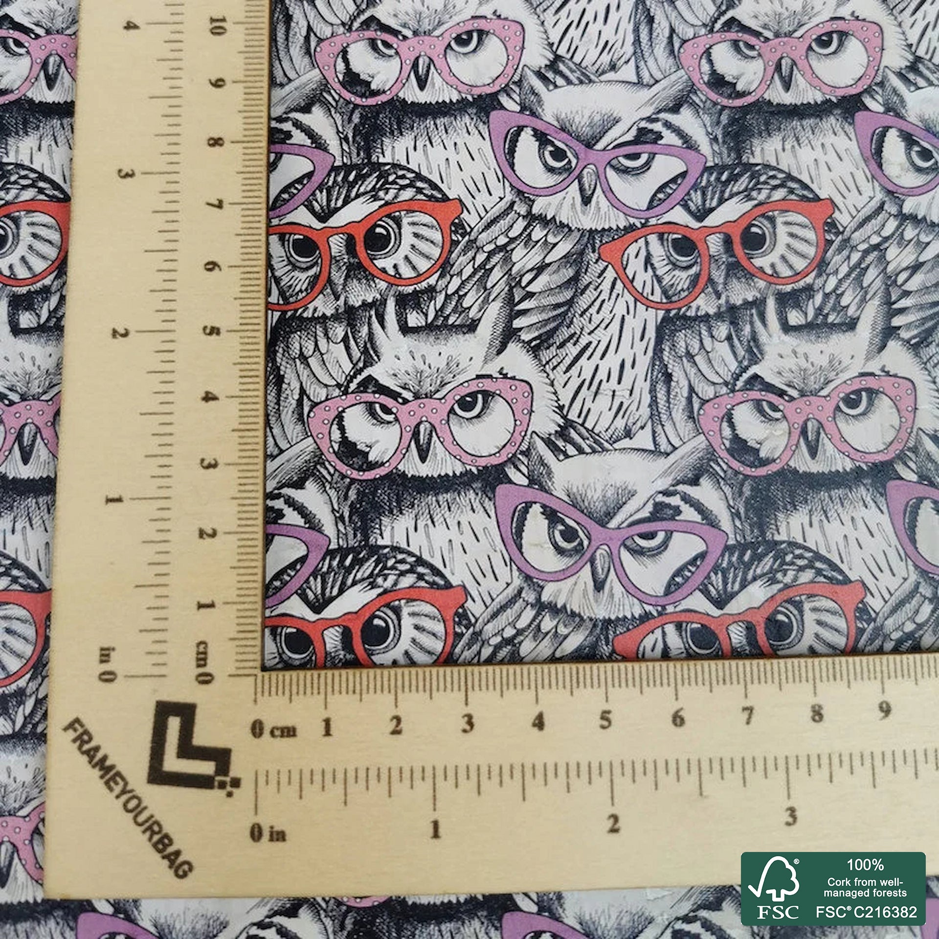 Owl printed pattern on white cork fabric (233)
