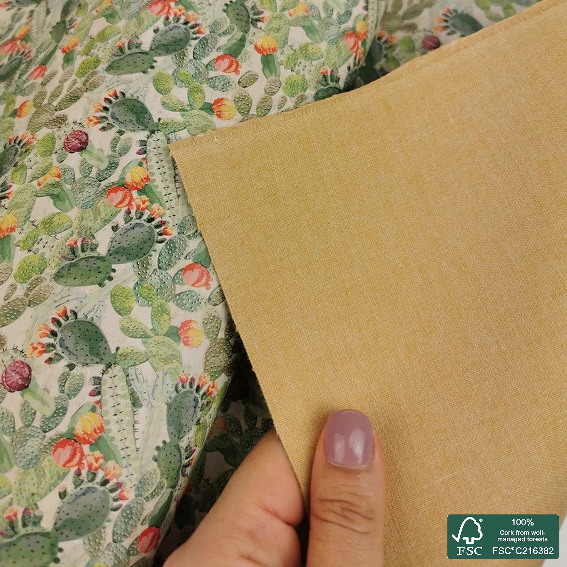 Cactus printed pattern on white cork fabric (234)