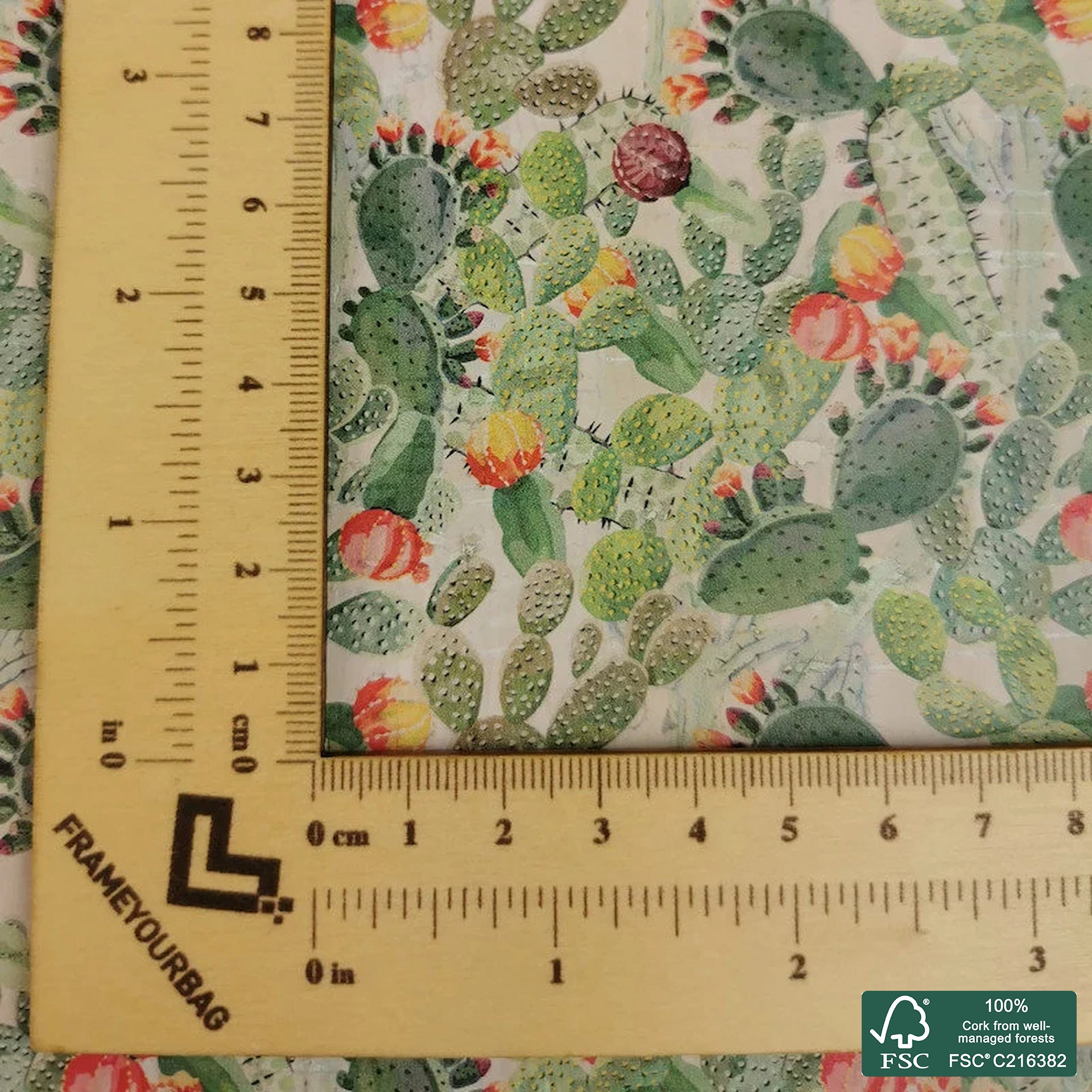 Cactus printed pattern on white cork fabric (234)