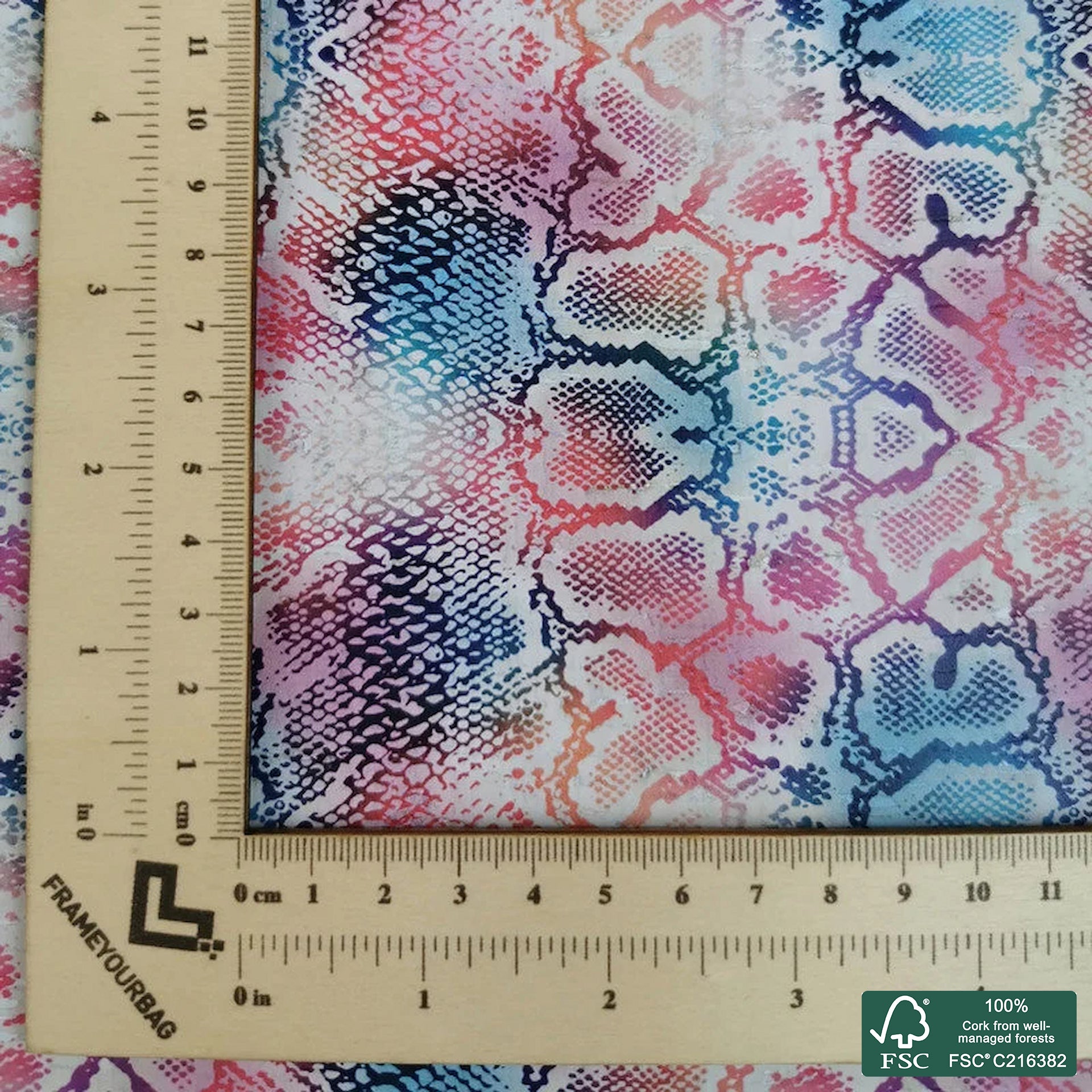 Colorful snake printed pattern on white cork fabric (251)