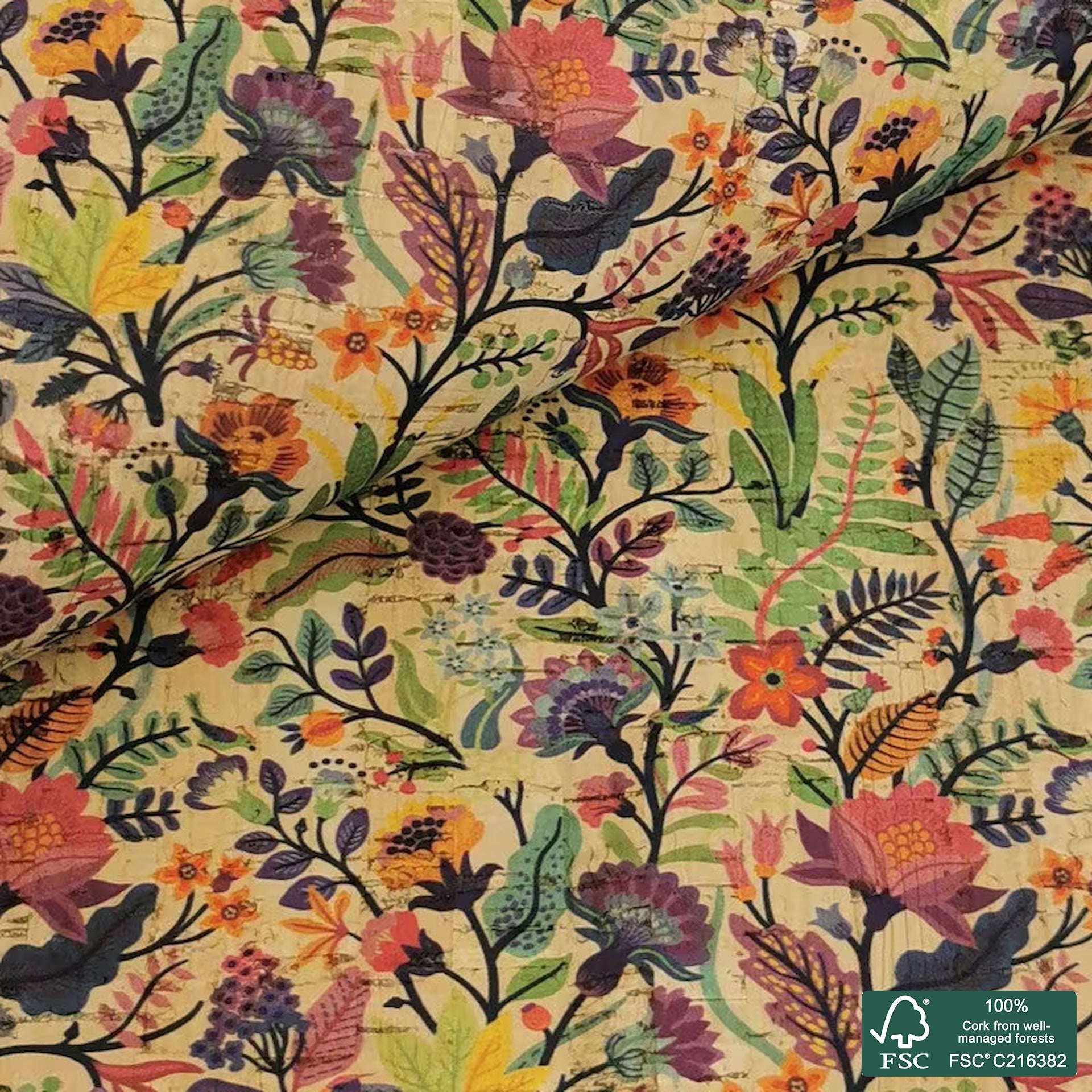 Flowers printed pattern on natural cork fabric (258)