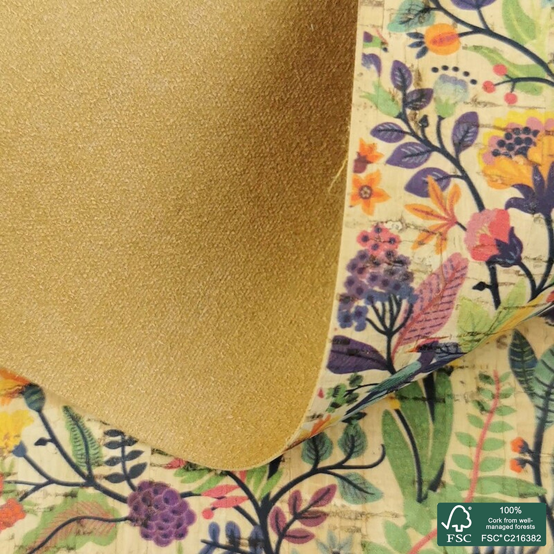 Flowers printed pattern on natural cork fabric (258)