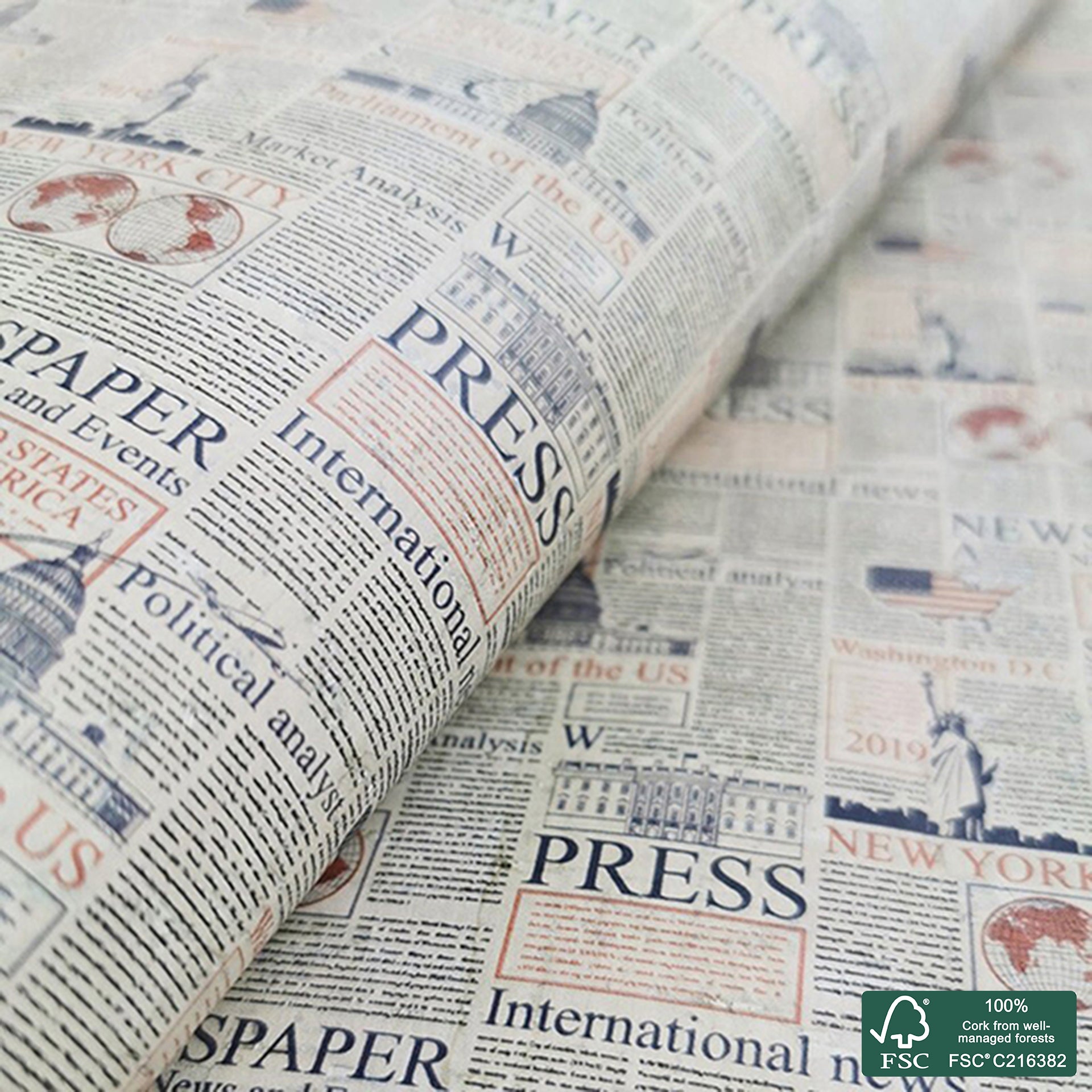 Newspaper printed pattern on white cork fabric (269)