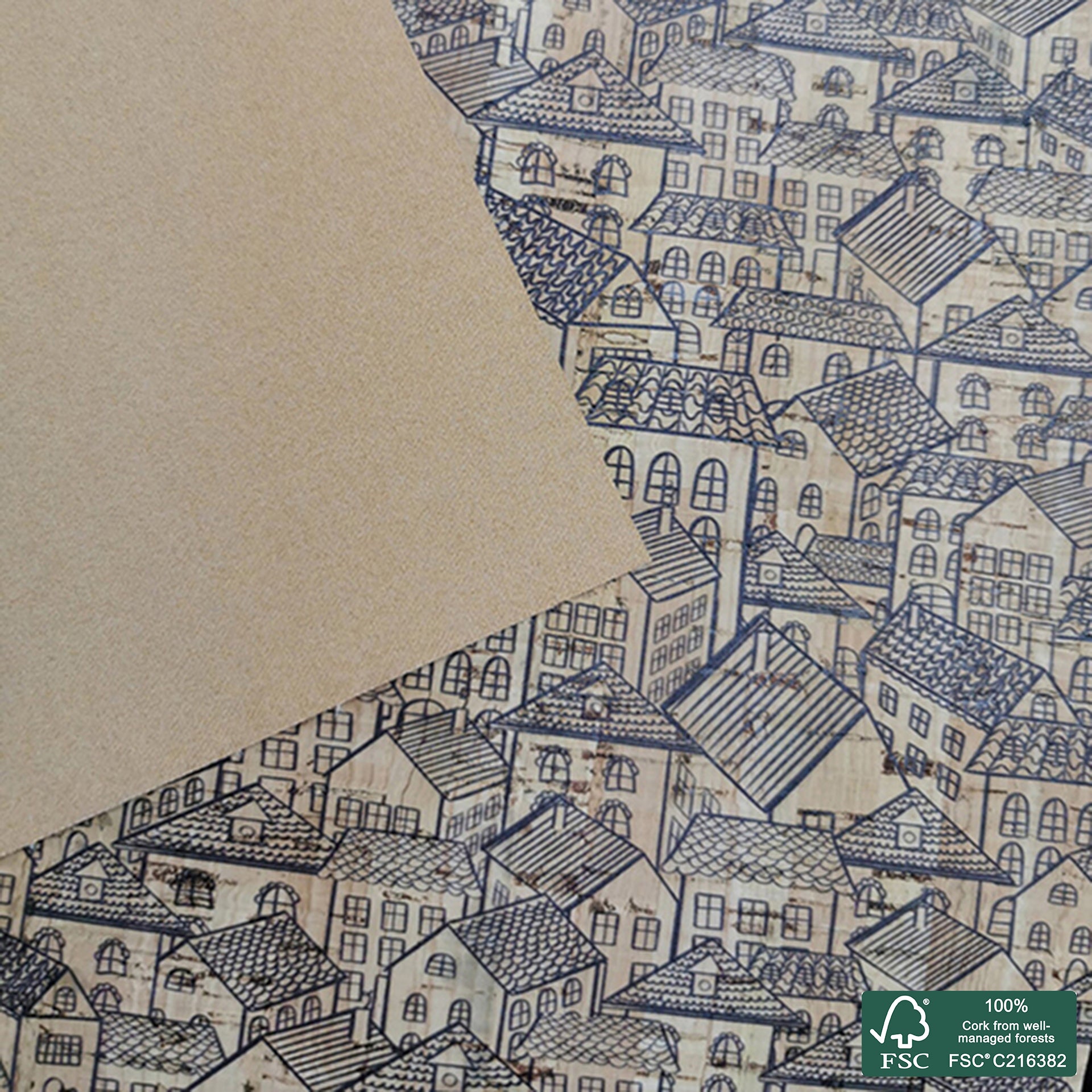 Cute houses printed pattern on natural cork fabric (320)