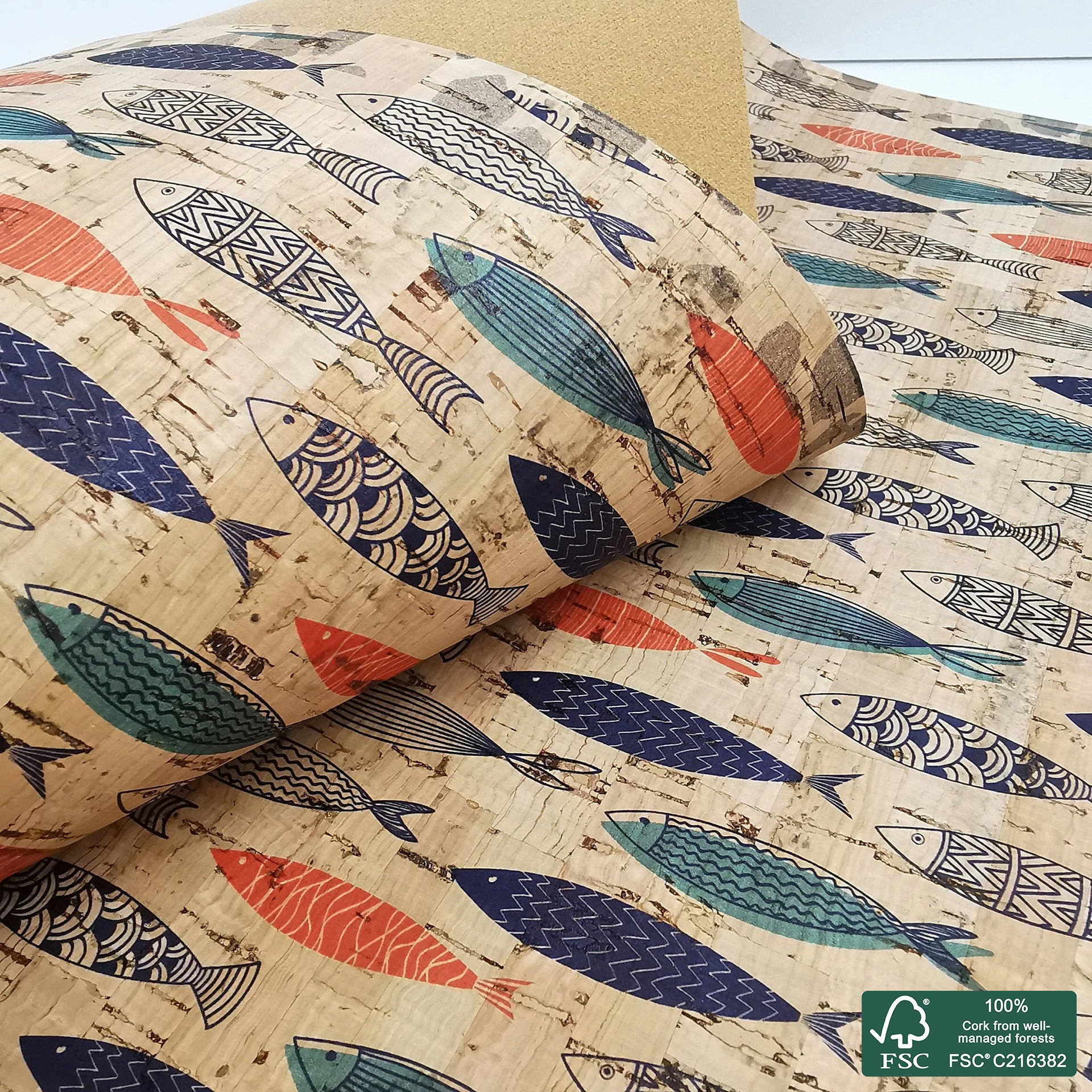 Sardines printed pattern on natural cork fabric (322)