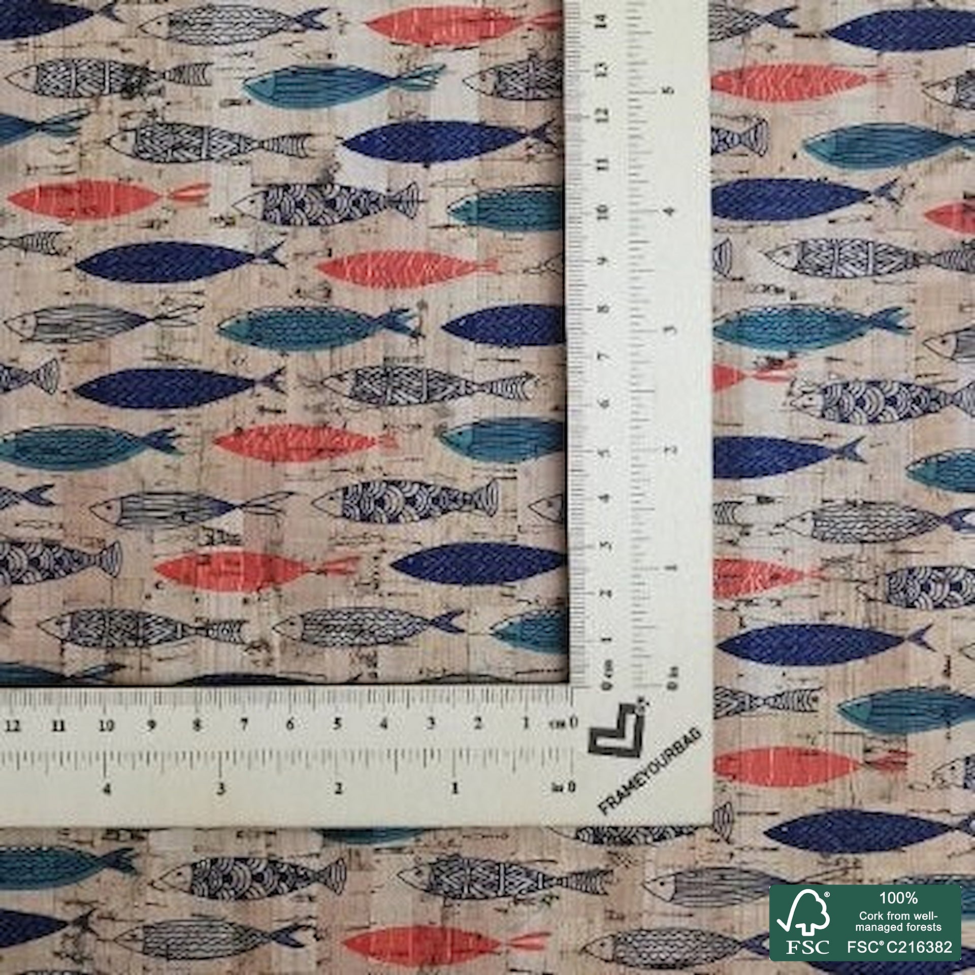 Sardines printed pattern on natural cork fabric (322)