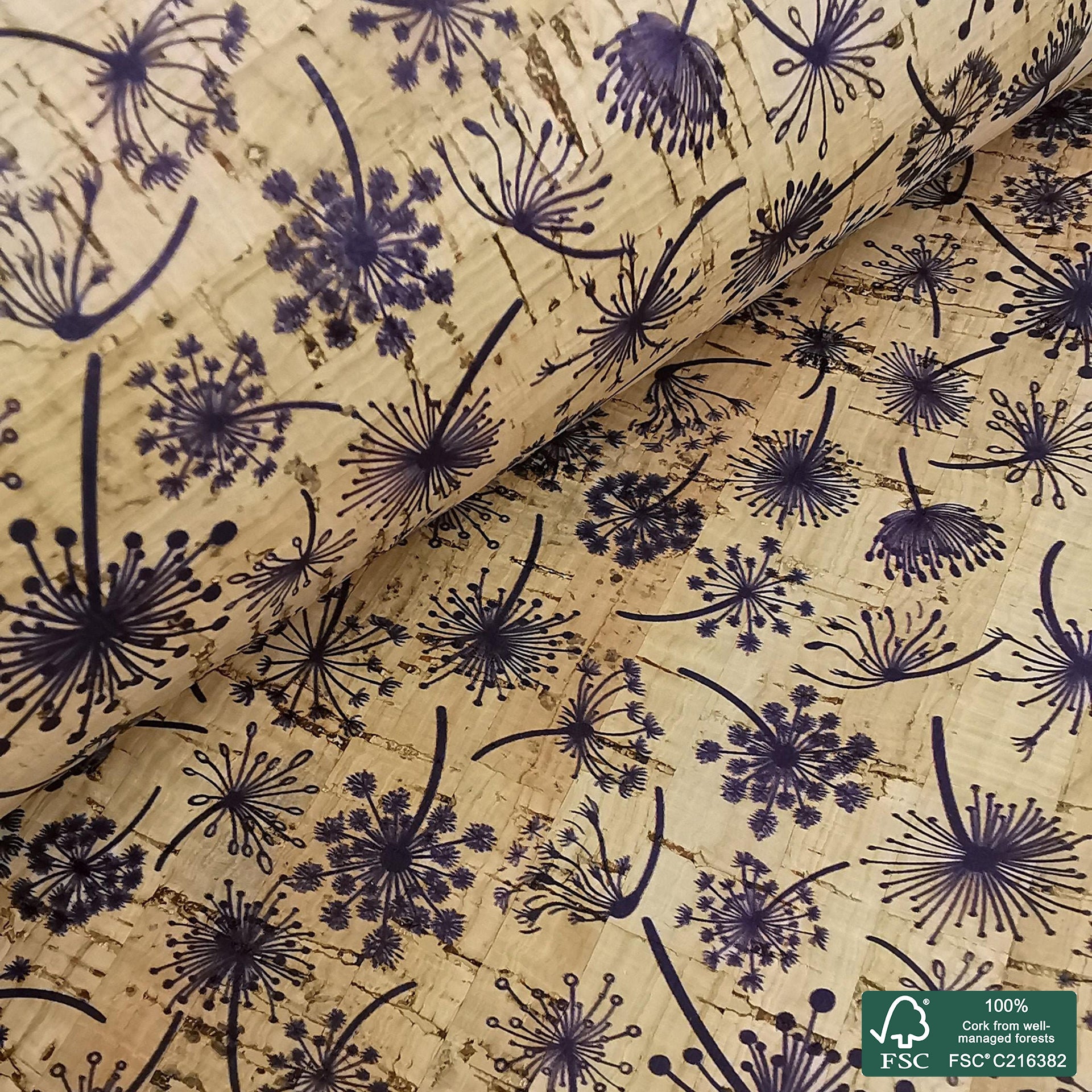 Blue lion leaf printed pattern on natural cork fabric (323)