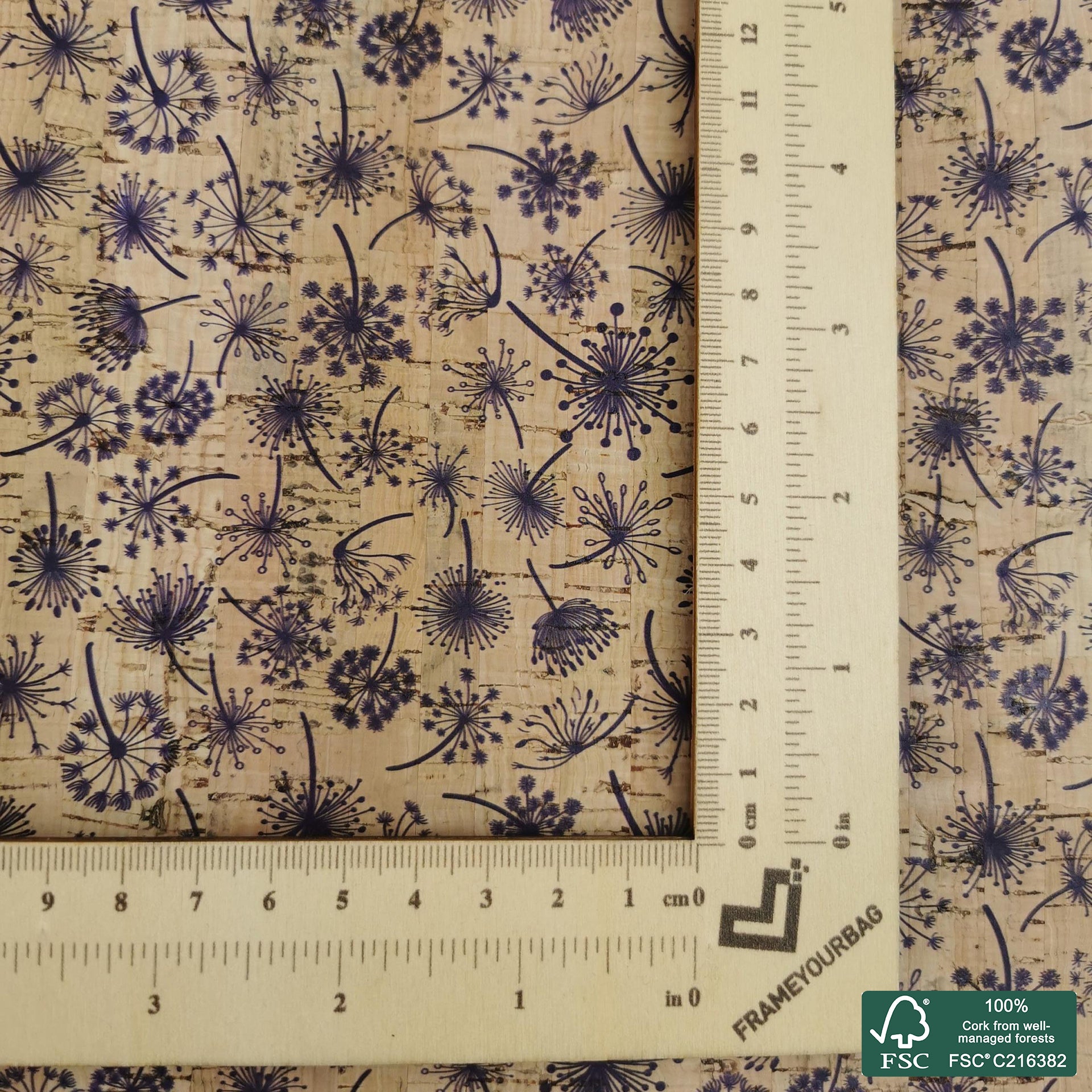 Blue lion leaf printed pattern on natural cork fabric (323)