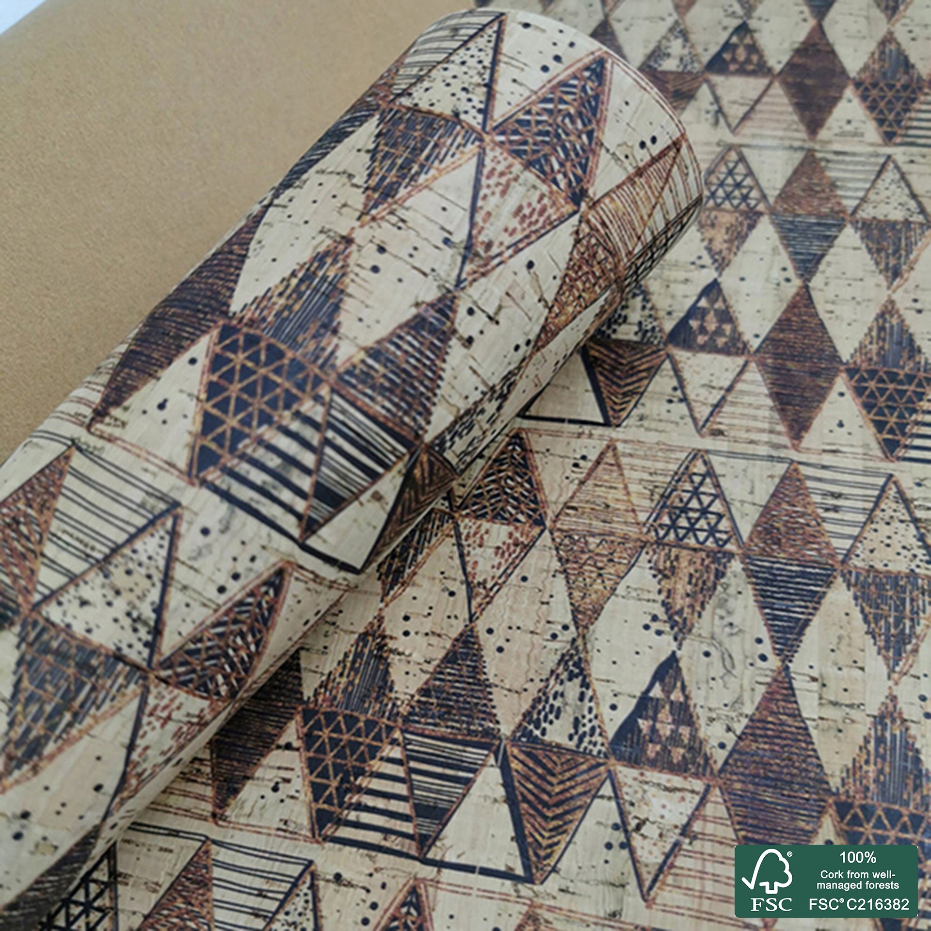 Triangles printed pattern on natural cork fabric (331)