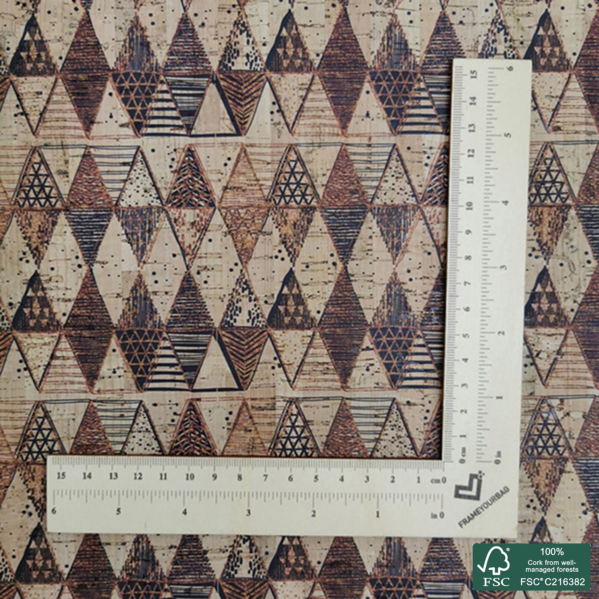 Triangles printed pattern on natural cork fabric (331)