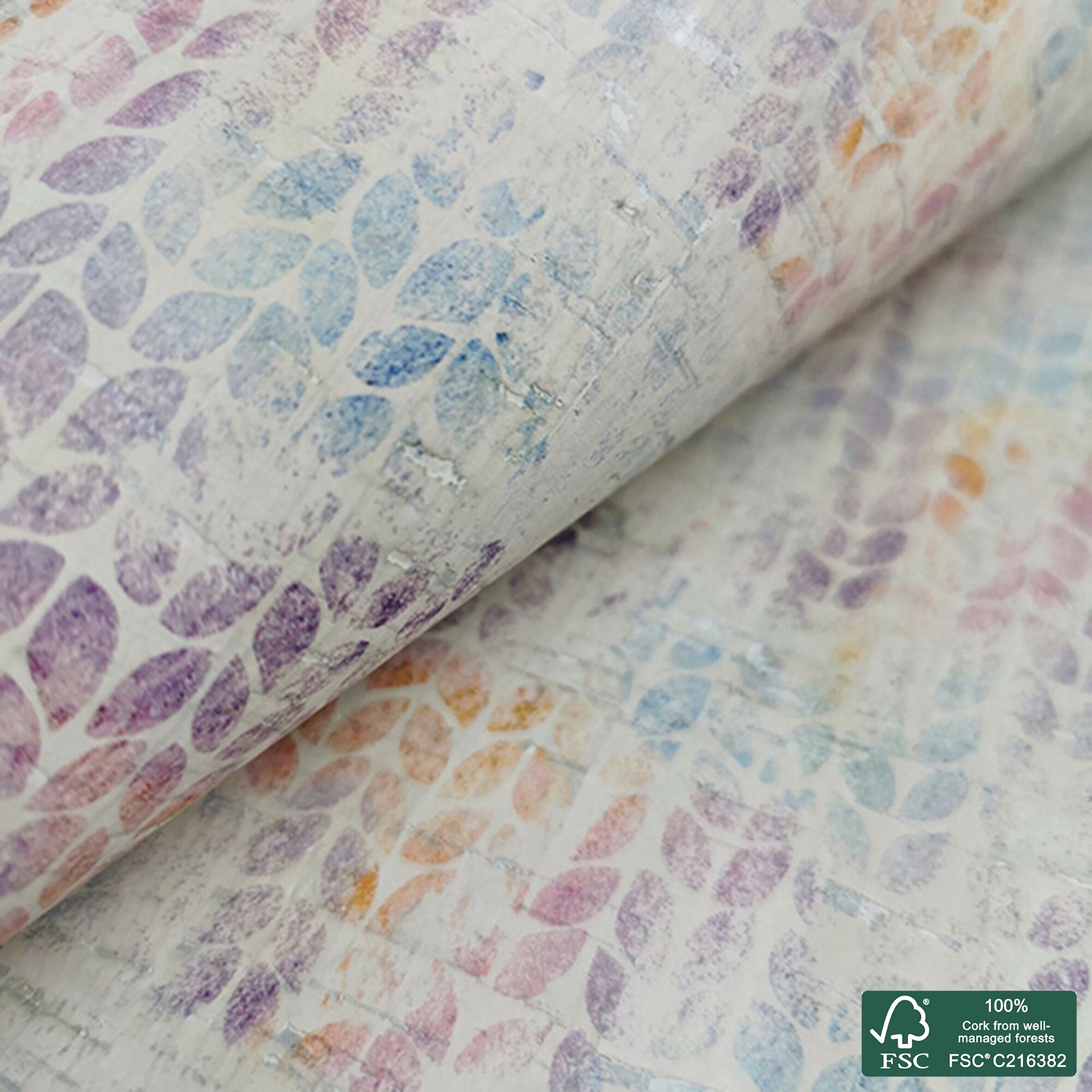 Abstract aquarelle grunge effect printed pattern on white cork fabric (332)