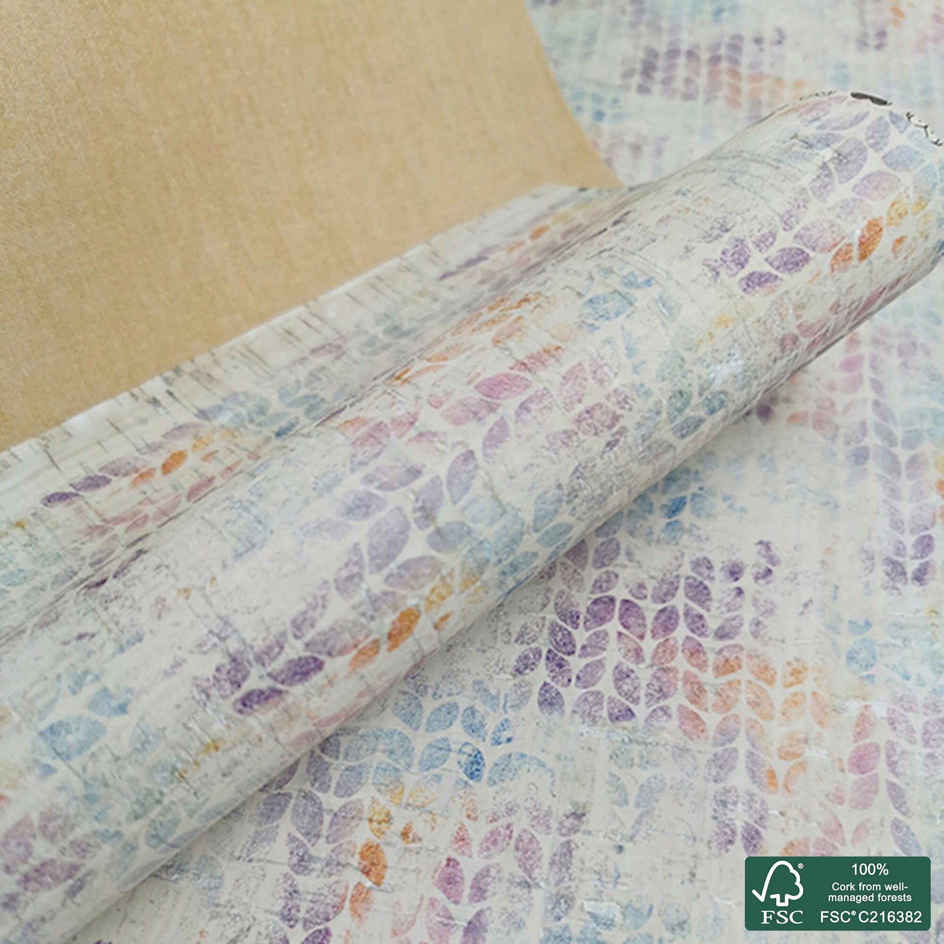 Abstract aquarelle grunge effect printed pattern on white cork fabric (332)