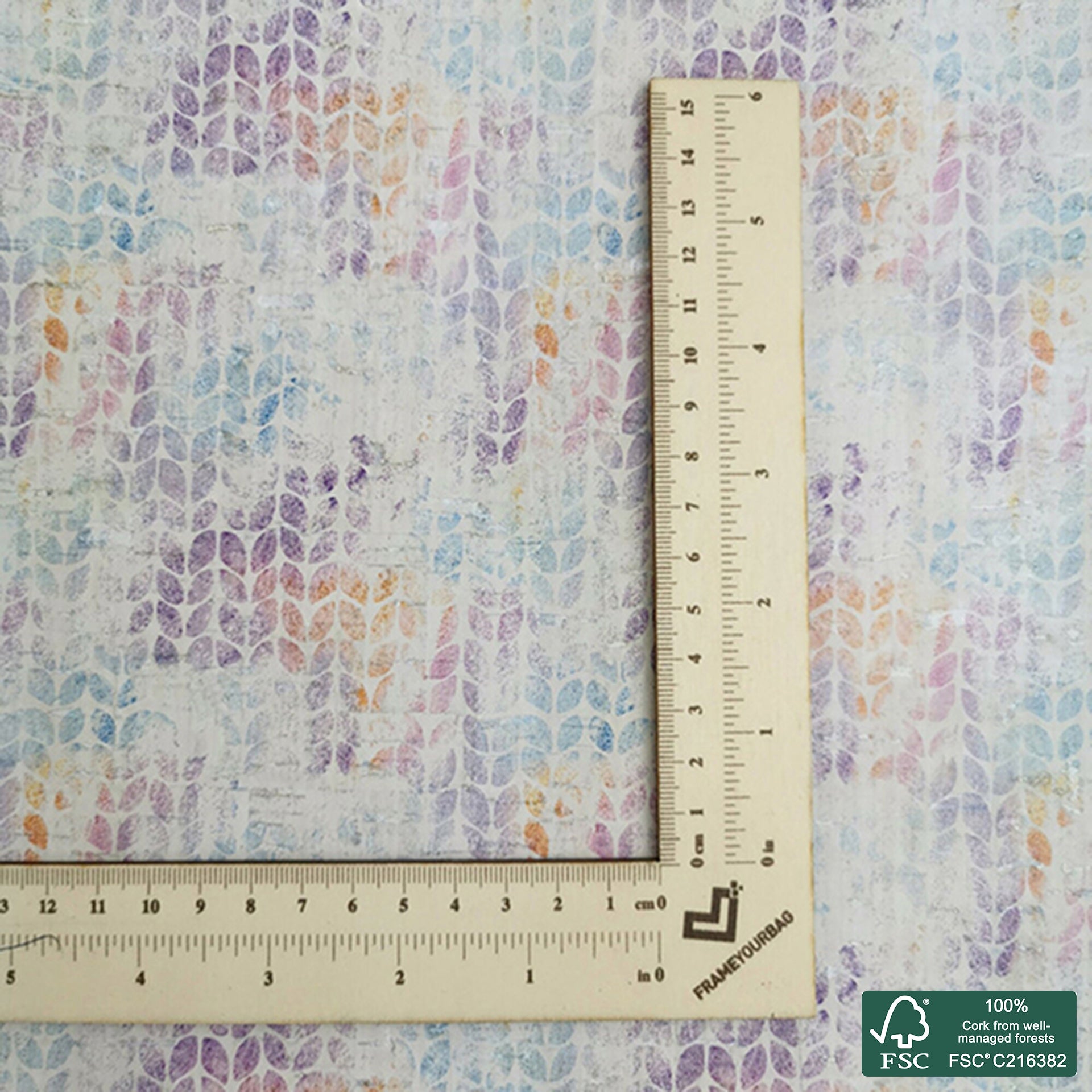 Abstract aquarelle grunge effect printed pattern on white cork fabric (332)