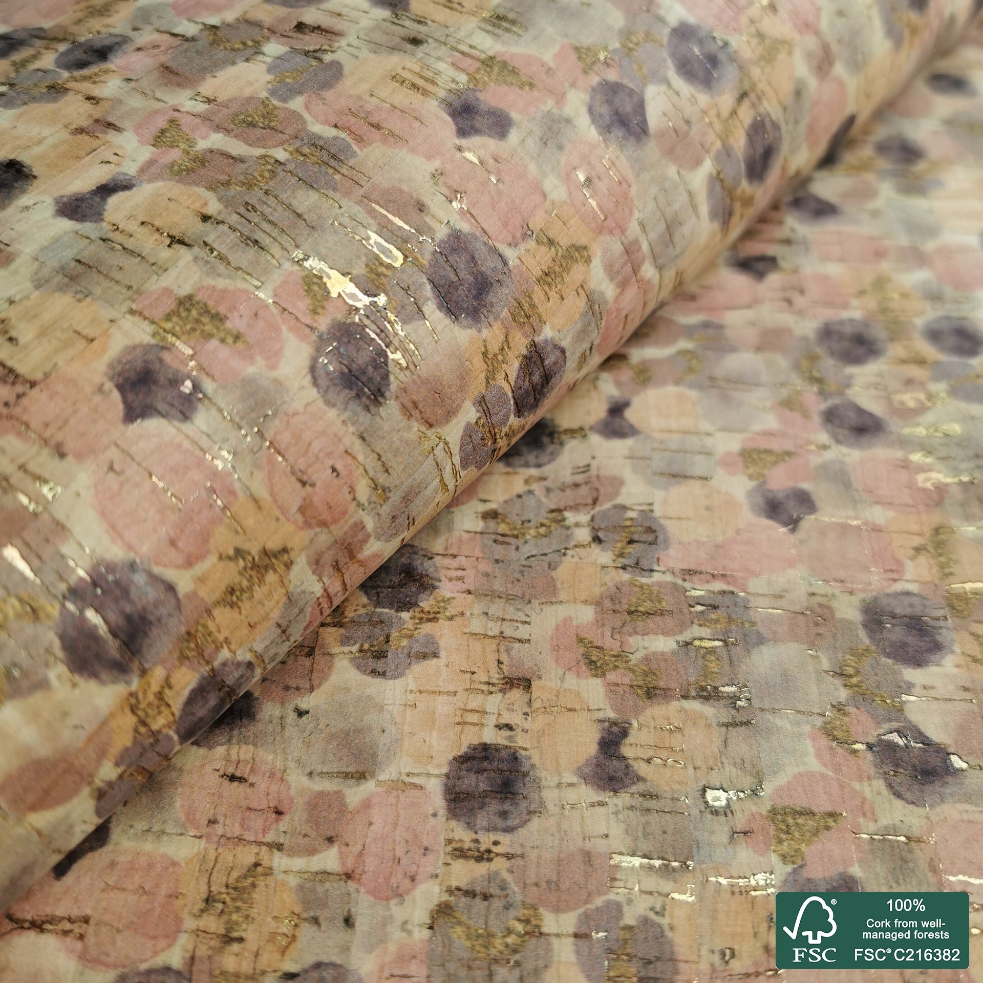 Colorful bubbles printed pattern on natural cork fabric with golden flecks (183)