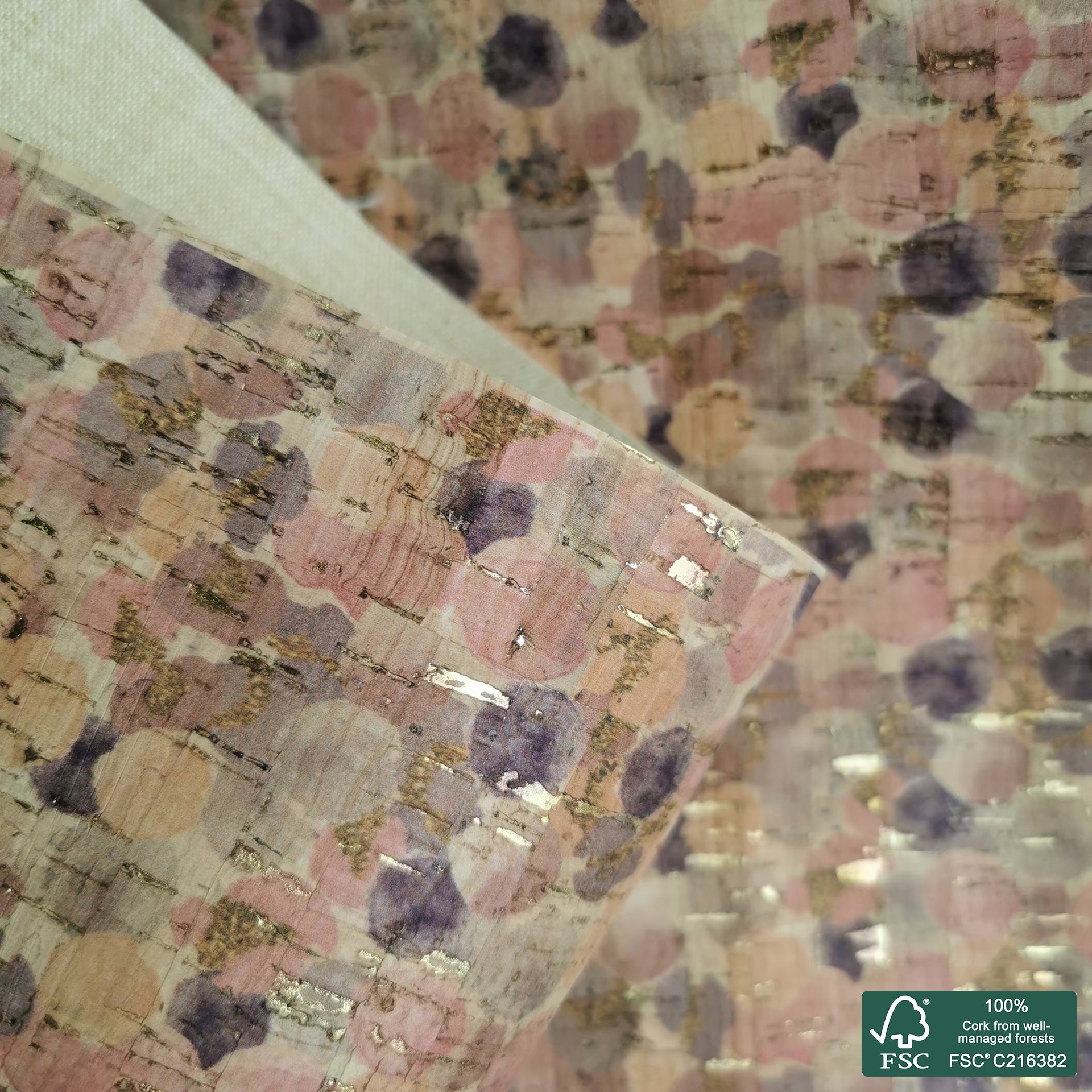 Colorful bubbles printed pattern on natural cork fabric with golden flecks (183)