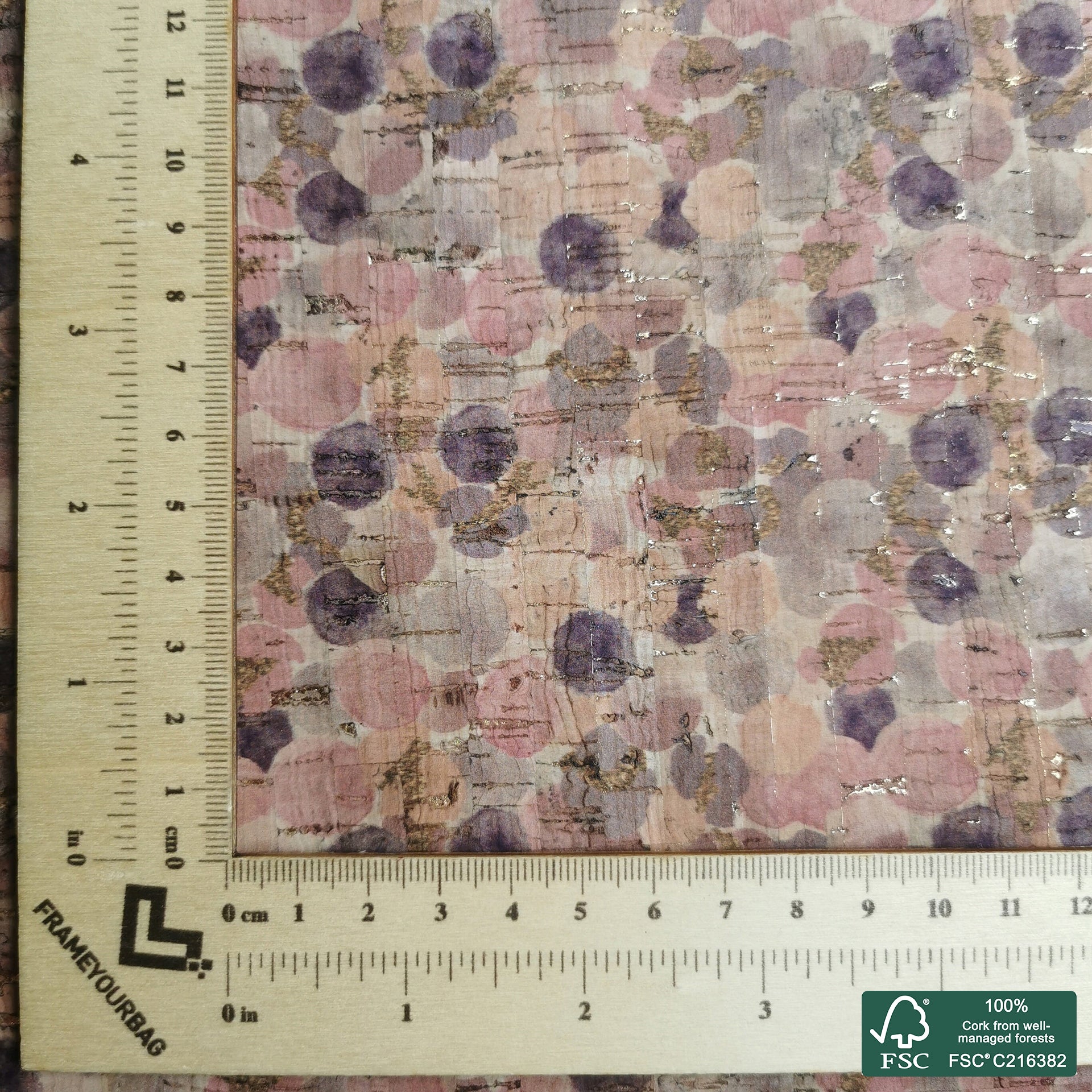Colorful bubbles printed pattern on natural cork fabric with golden flecks (183)