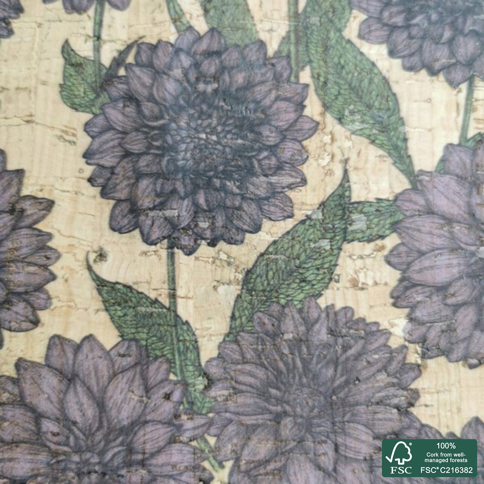 Dahlias printed pattern on natural cork fabric (166)