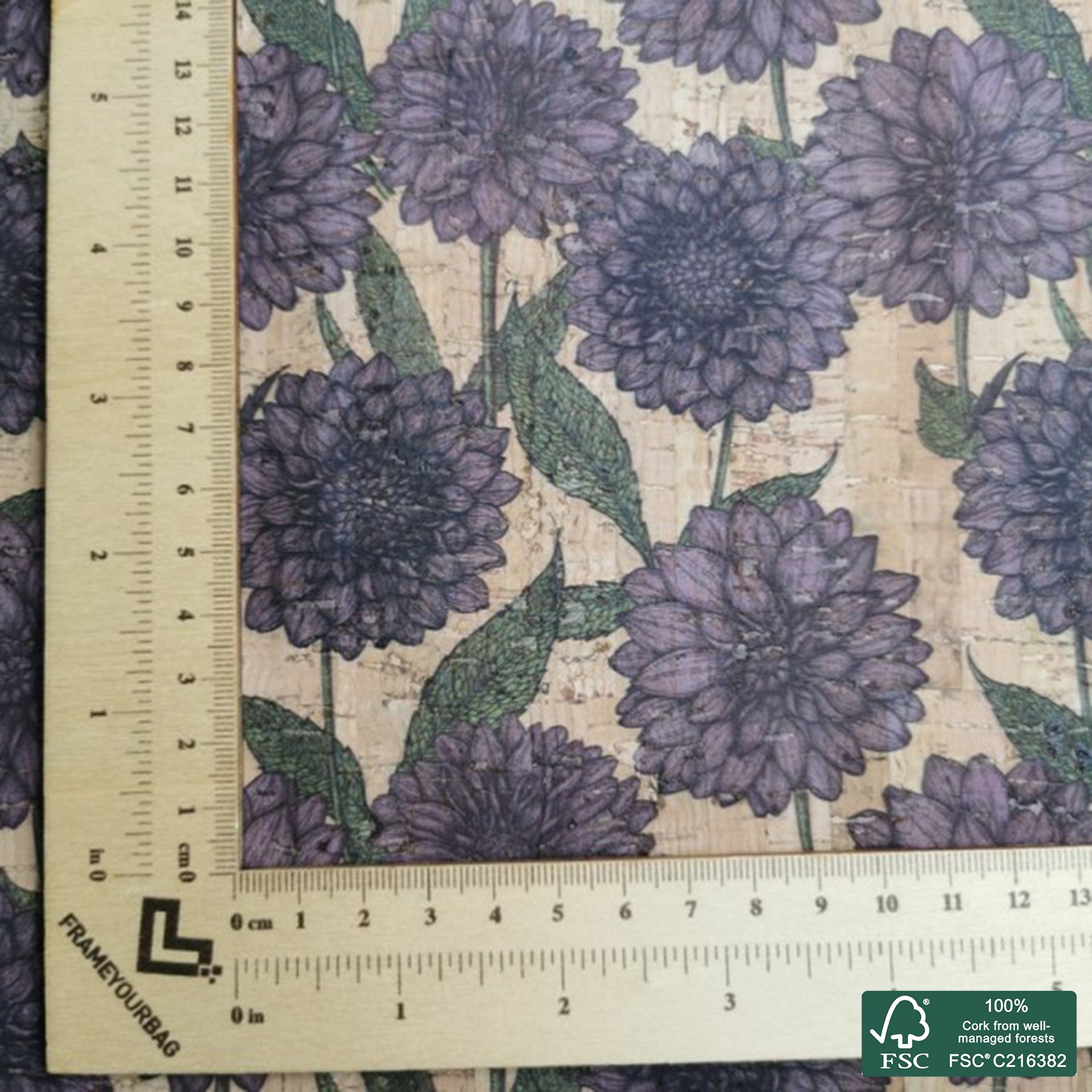 Dahlias printed pattern on natural cork fabric (166)