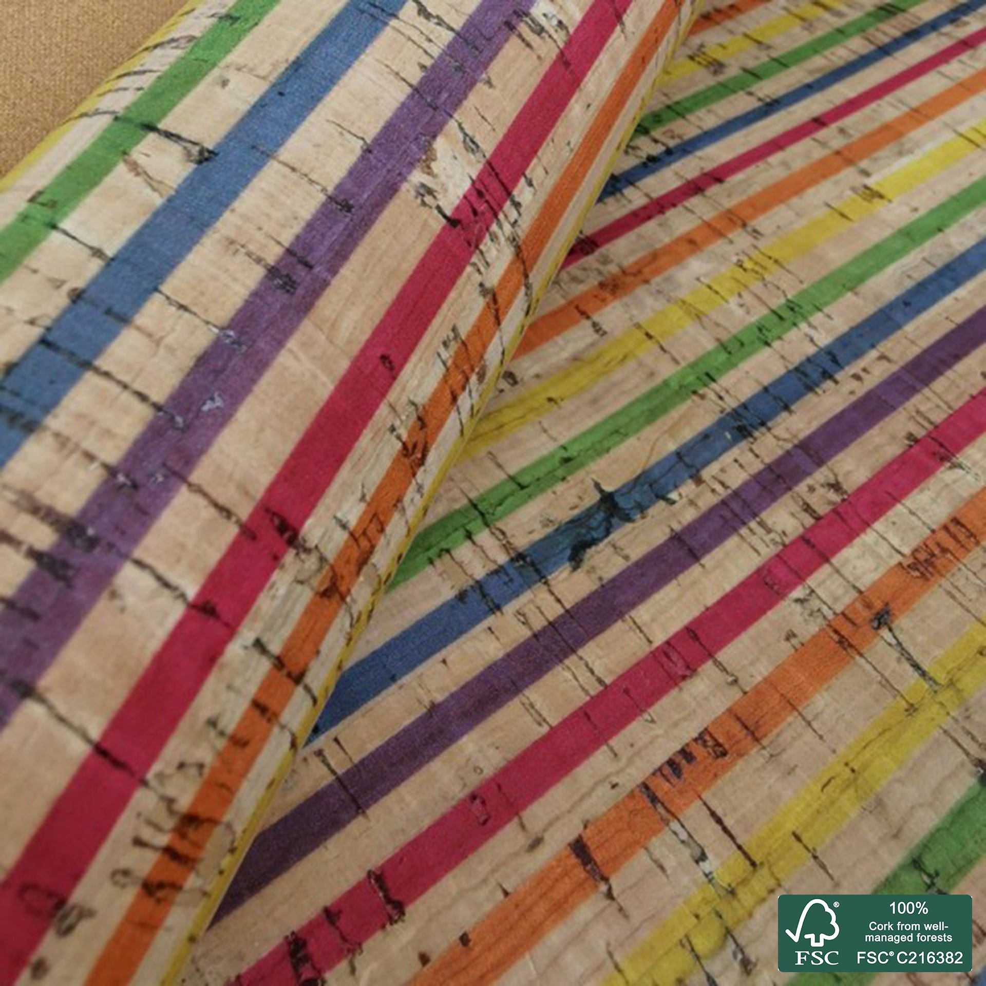 Rainbow printed pattern on natural cork fabric (11)