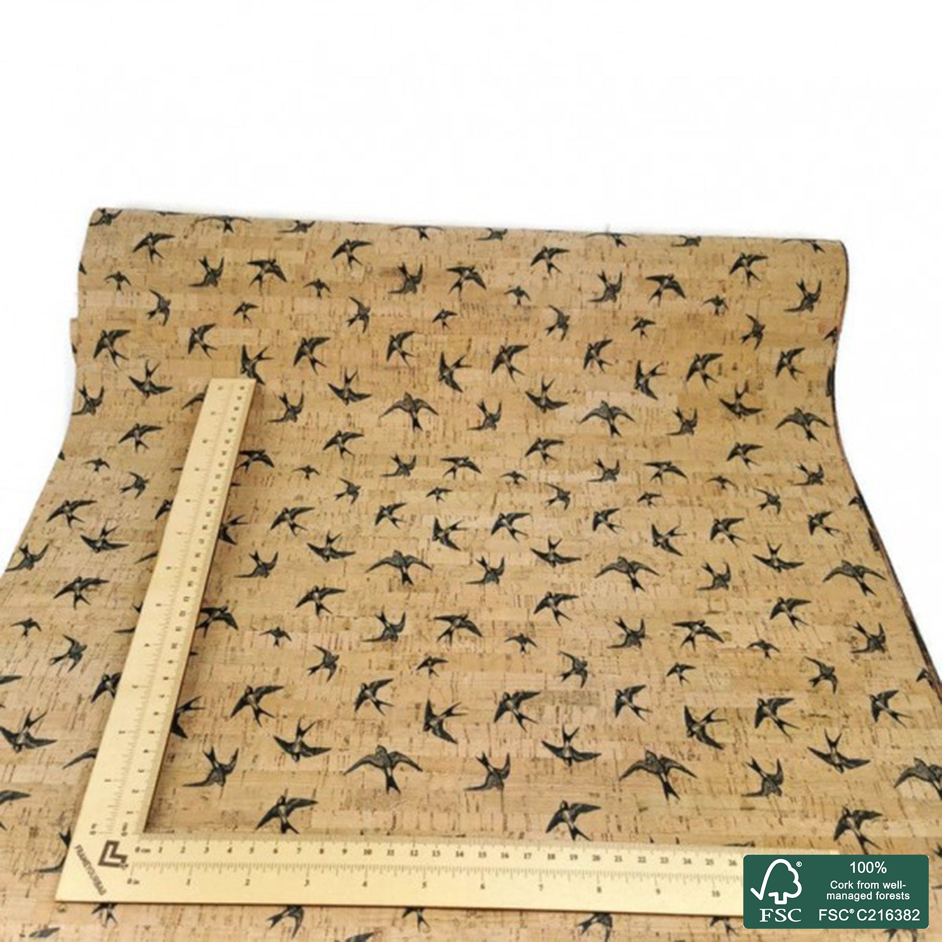 Swallows printed pattern on natural cork fabric (13)