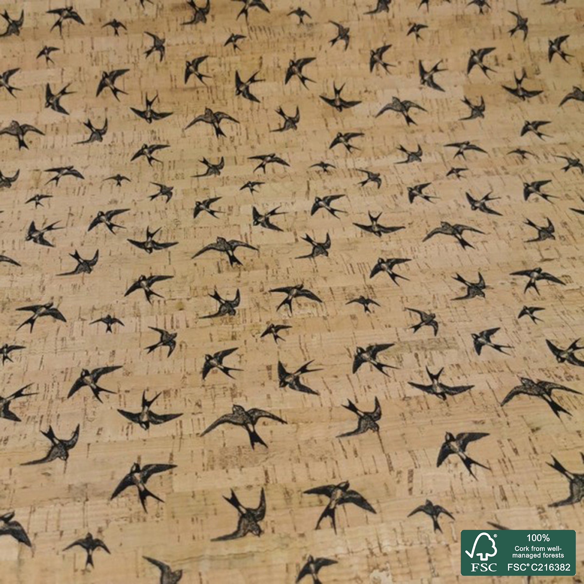 Swallows printed pattern on natural cork fabric (13)