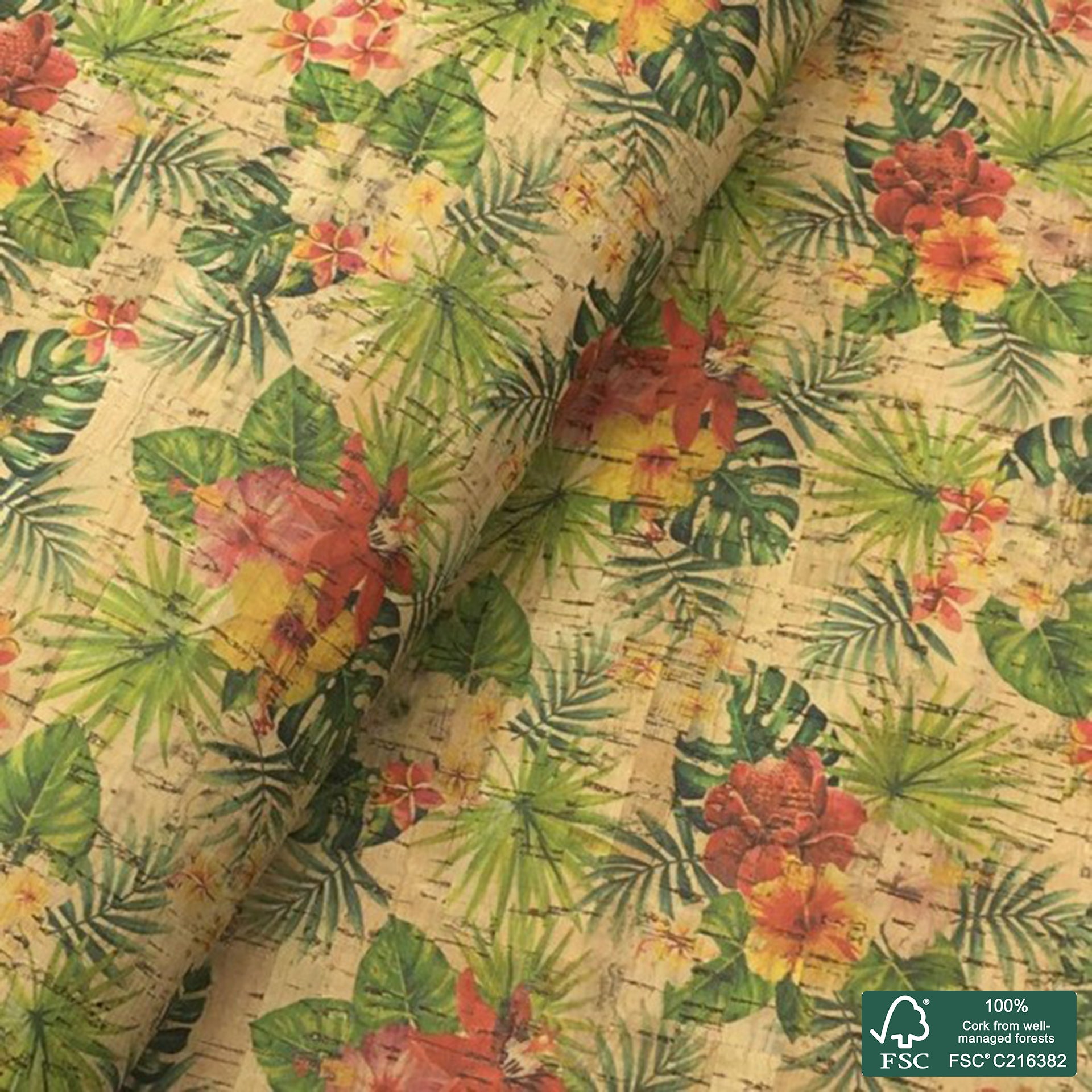 Tropical printed pattern on natural cork fabric (15)