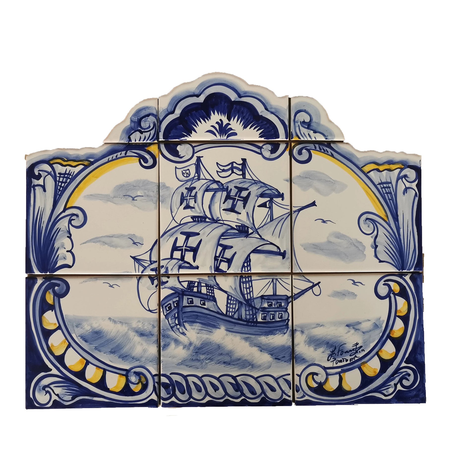 Portuguese Caravel Ship Painted Ceramic Tiles Mural