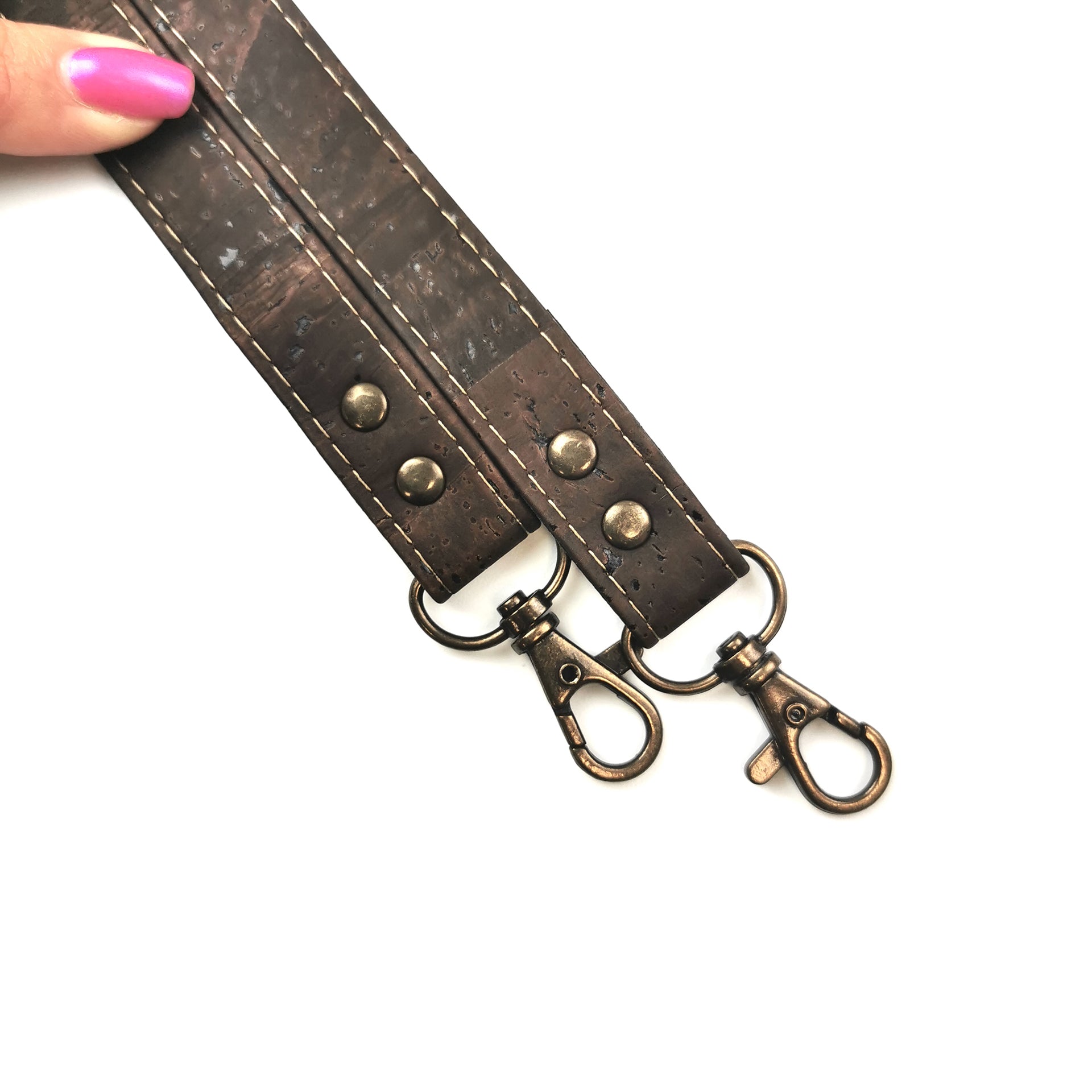 Brown cork handbag handle with PU 120 cm x 18 mm with antique brass hook