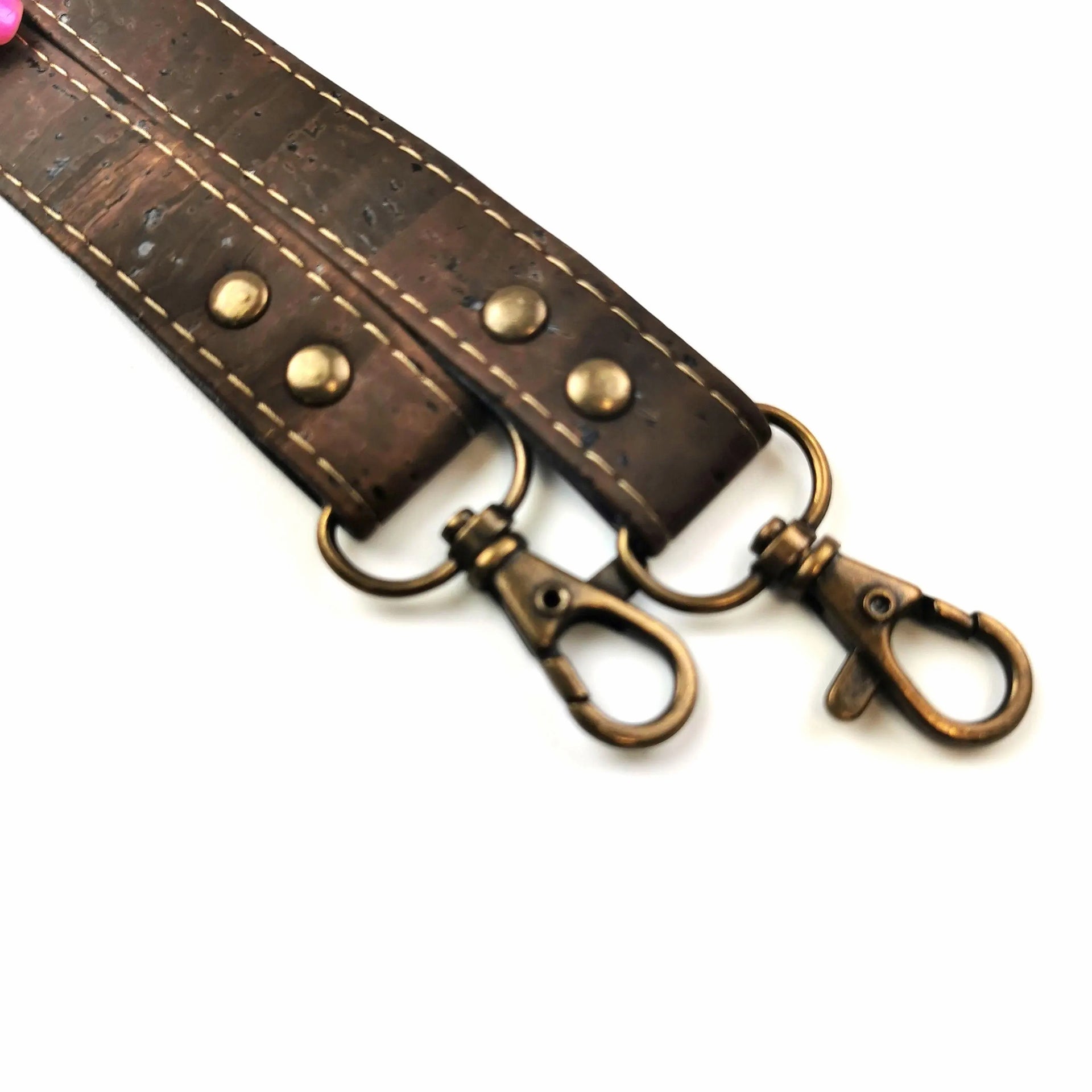 Brown cork handbag handle with PU 120 cm x 18 mm with antique brass hook