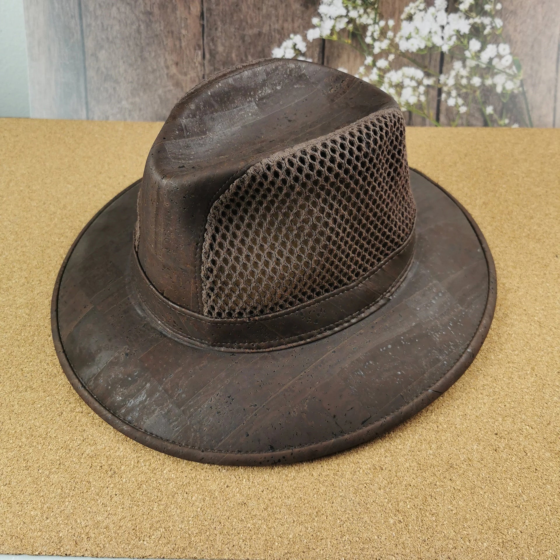 Brown cork hat with net