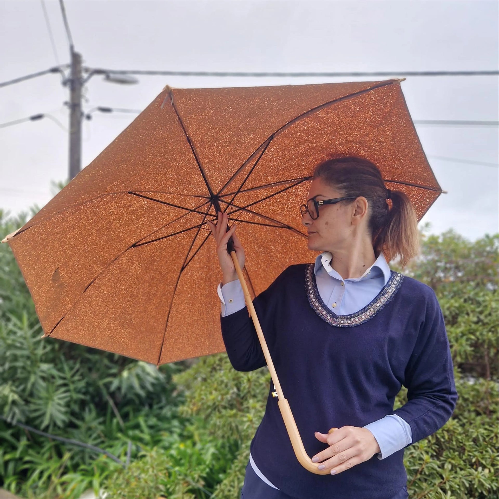 Cork umbrella with wooden handle