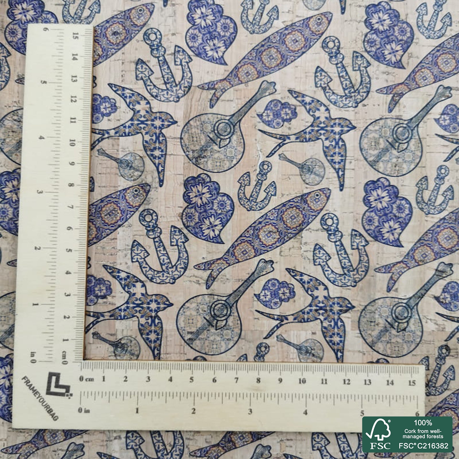 Sardines printed pattern on natural cork fabric (3)