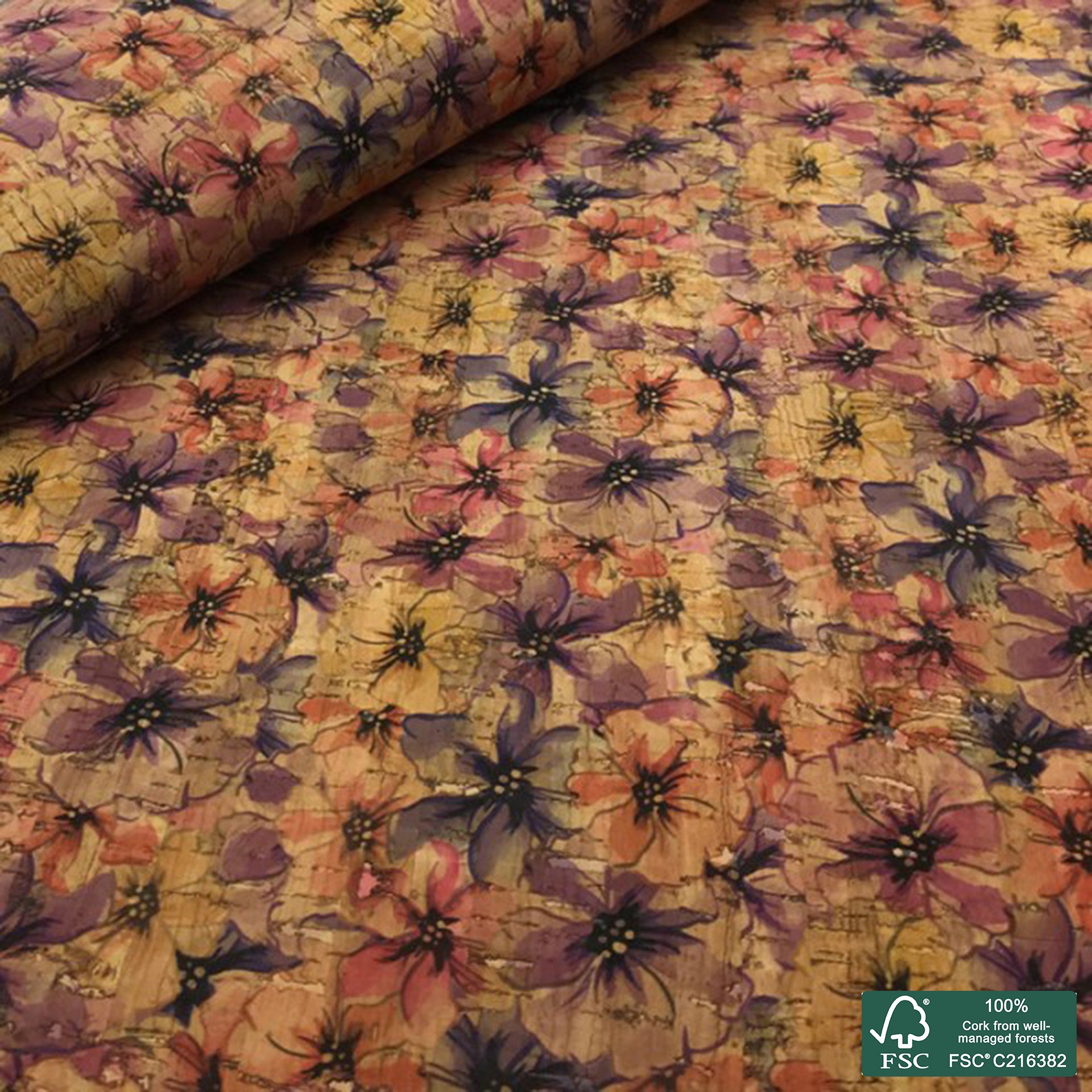 Flowers printed pattern on natural cork fabric (17)