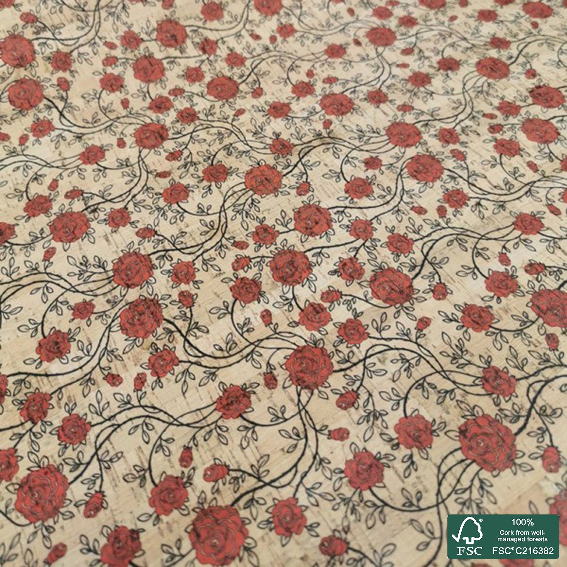 Roses printed pattern on natural cork fabric (25)