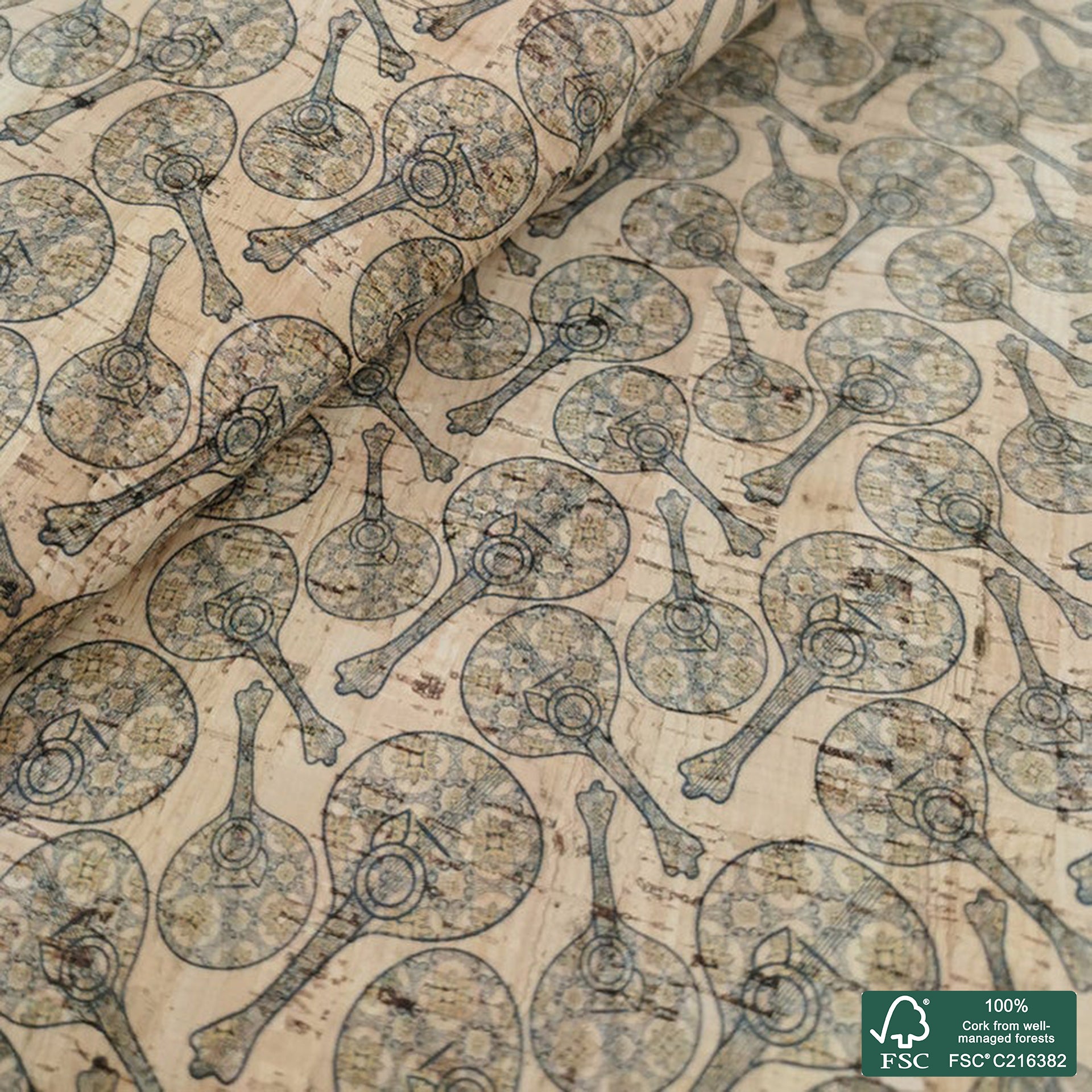 Guitar printed pattern on natural cork fabric (28)
