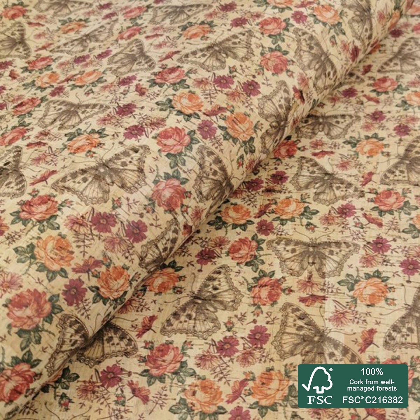 Butterflies printed pattern on natural cork fabric (38)