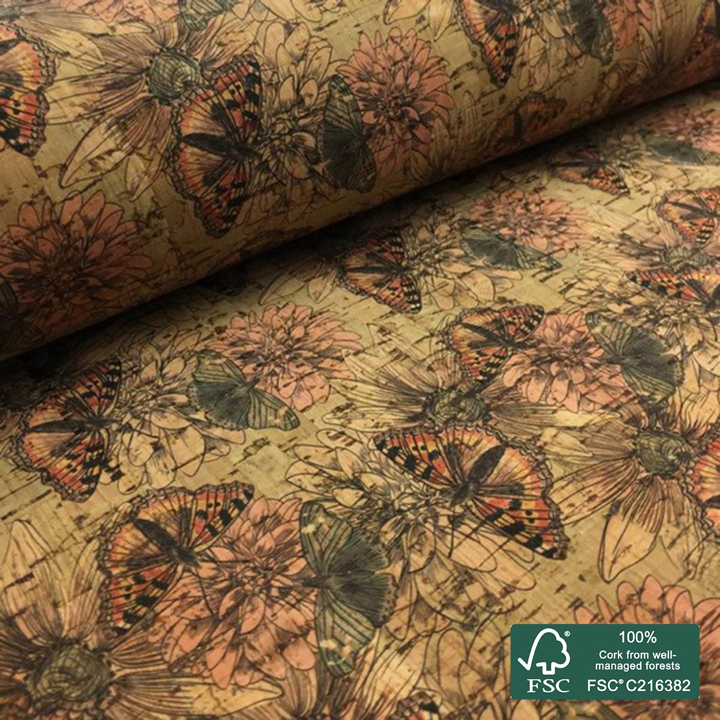Butterflies printed pattern on natural cork fabric (40)