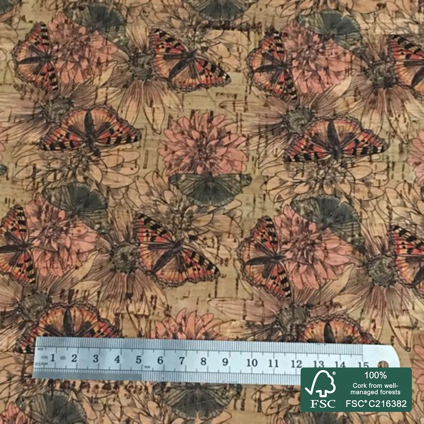Butterflies printed pattern on natural cork fabric (40)
