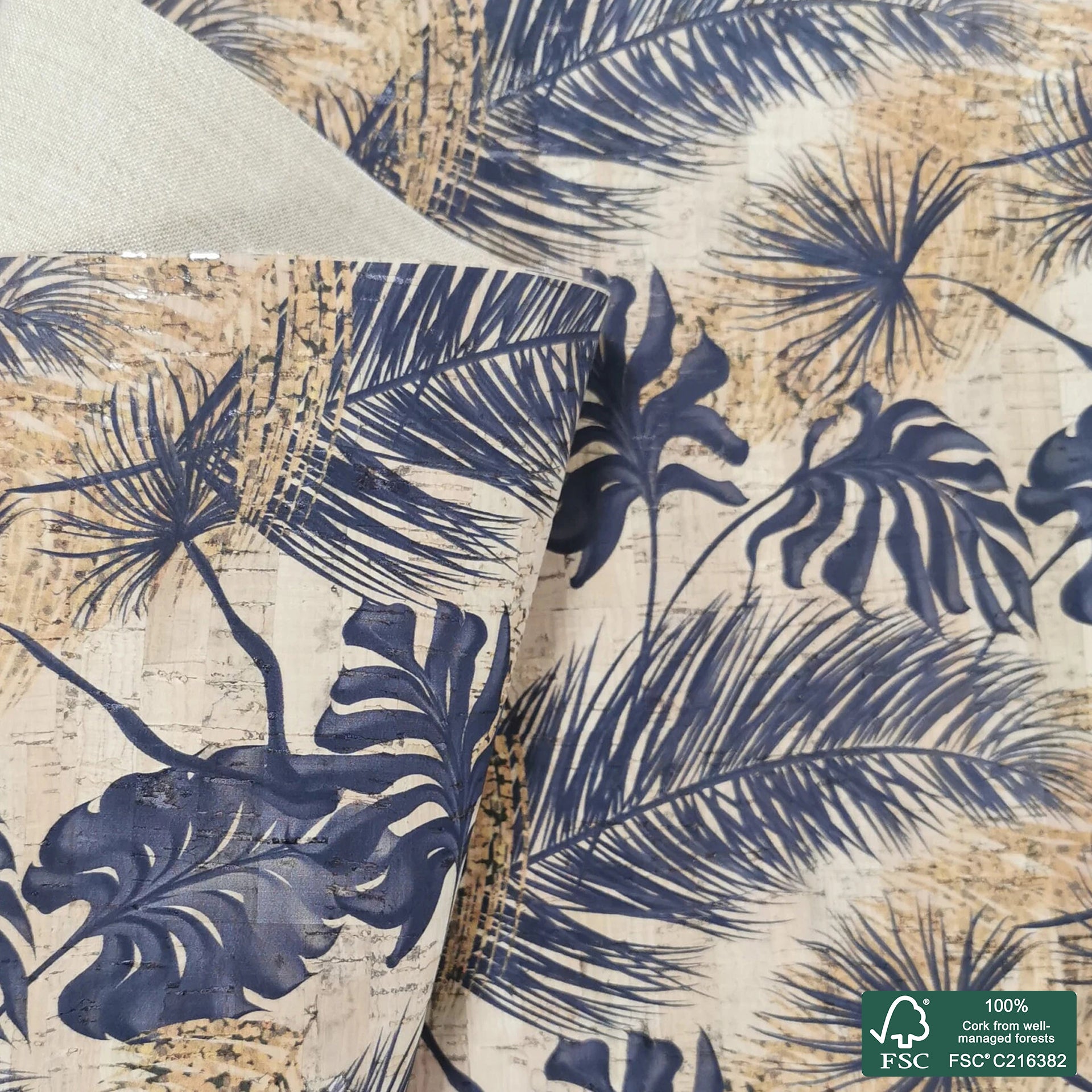 Leafs printed pattern on natural cork fabric (41)
